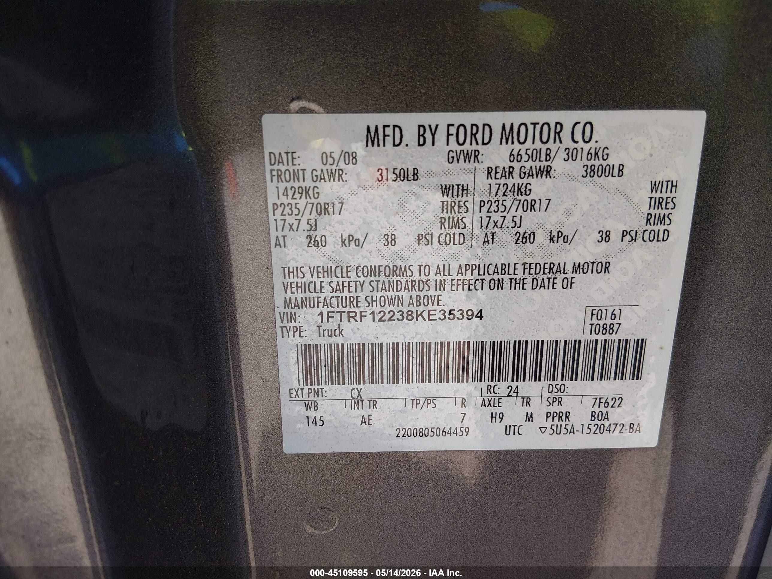 2008 Ford F-150 Stx/xl/xlt Gray vin: 1FTRF12238KE35394