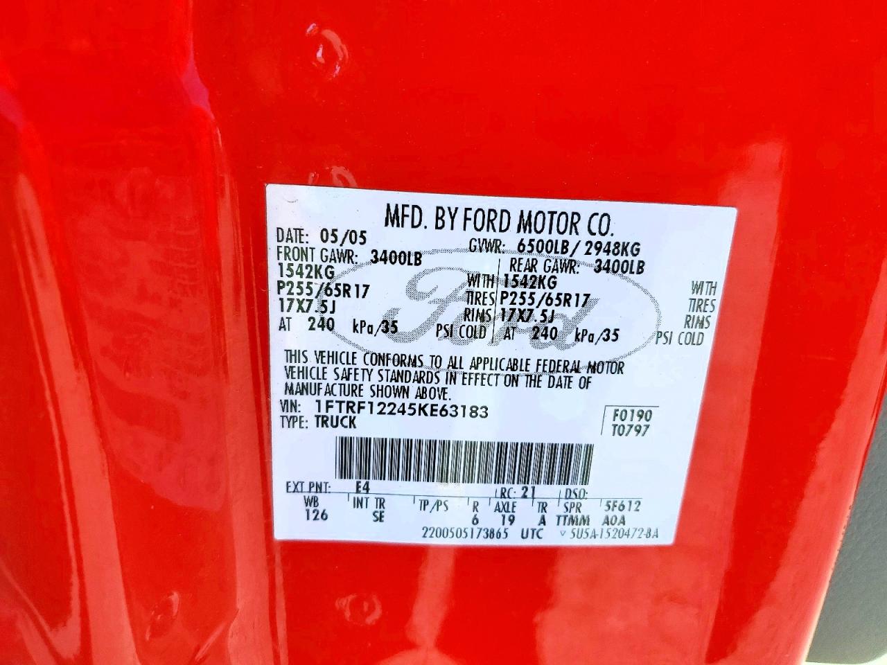 2005 Ford F150 Red vin: 1FTRF12245KE63183