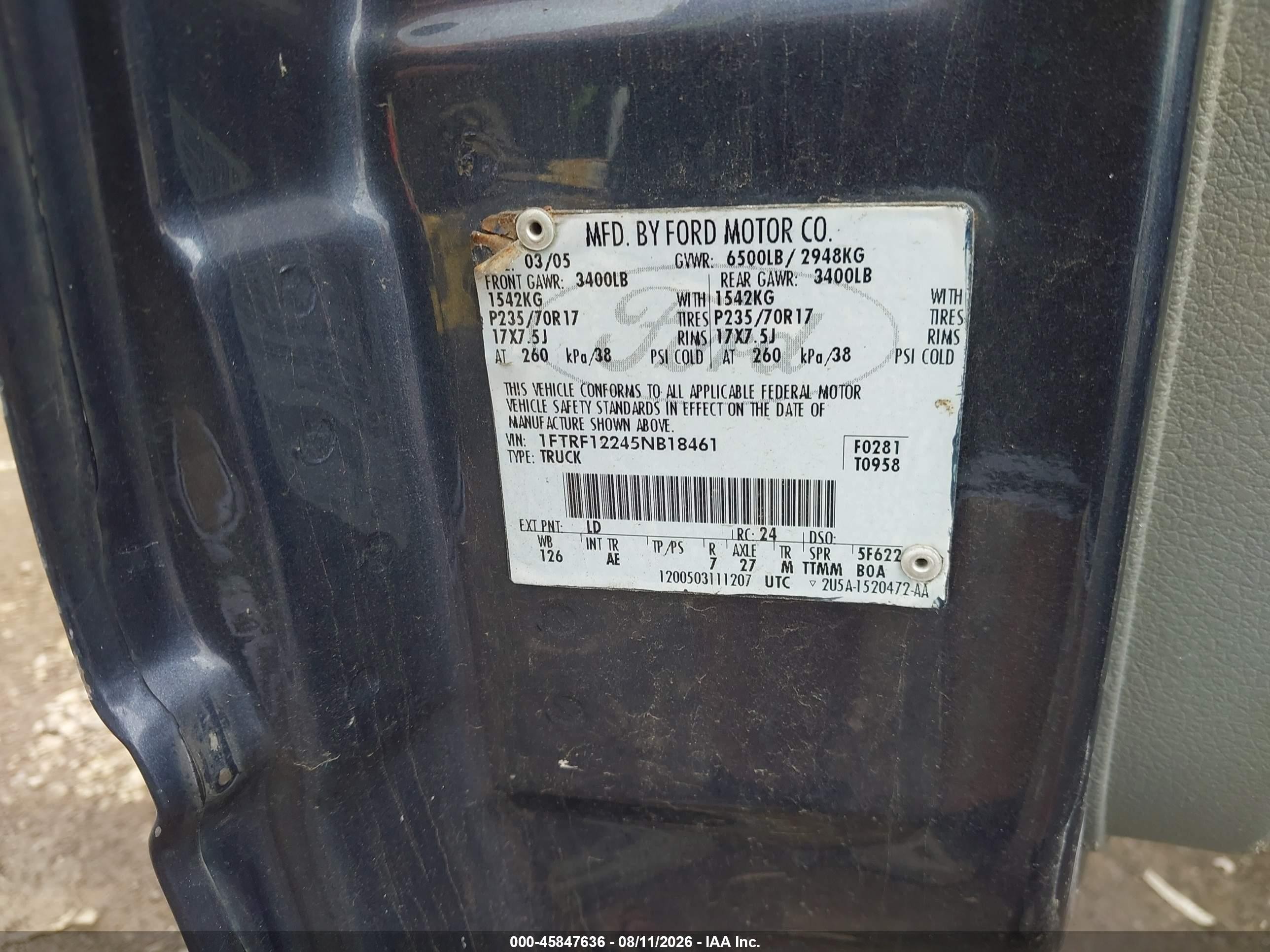 2005 Ford F-150 Stx/xl/xlt Dark Blue vin: 1FTRF12245NB18461