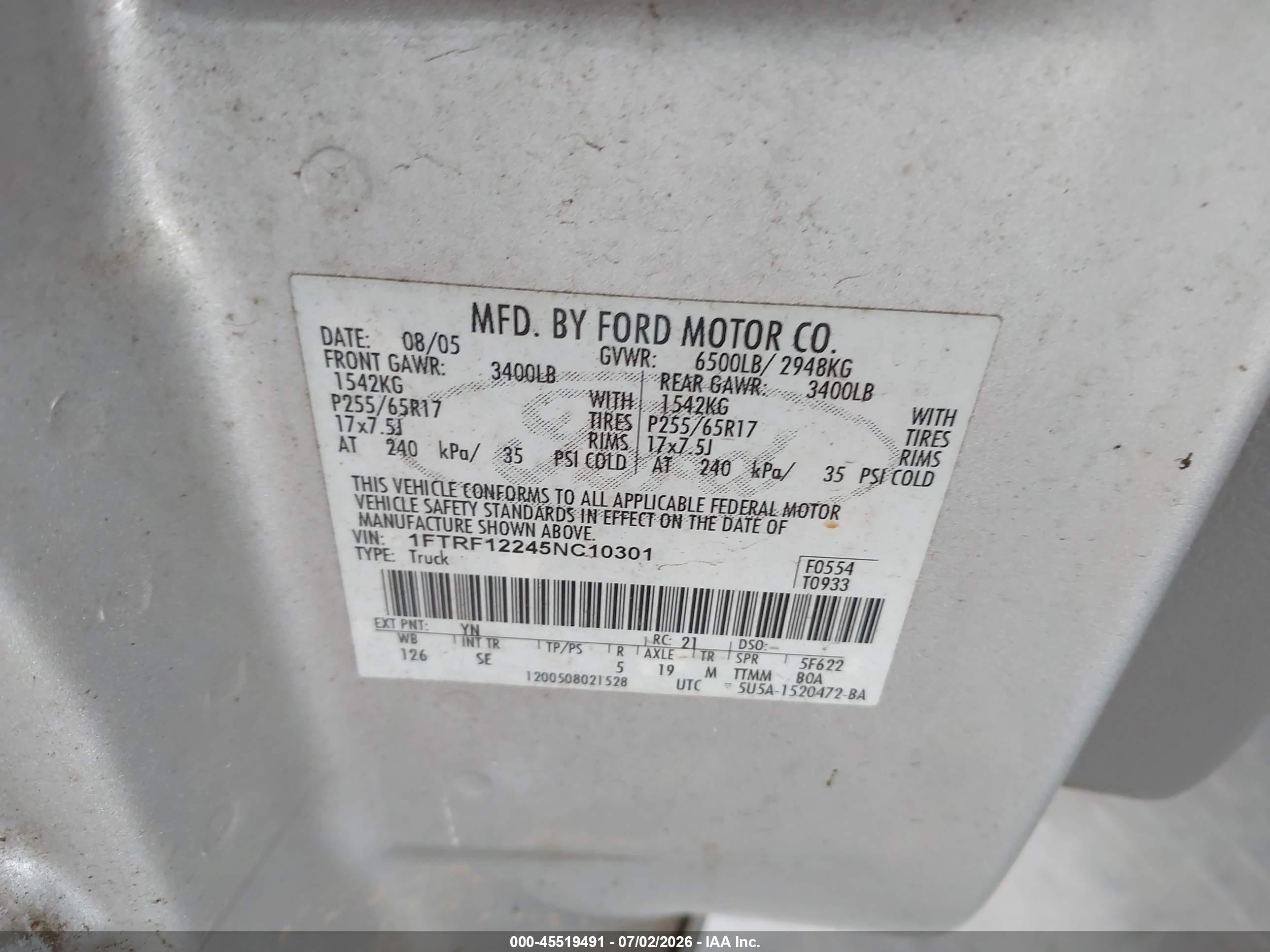 2005 Ford F-150 Stx/xl/xlt Silver vin: 1FTRF12245NC10301