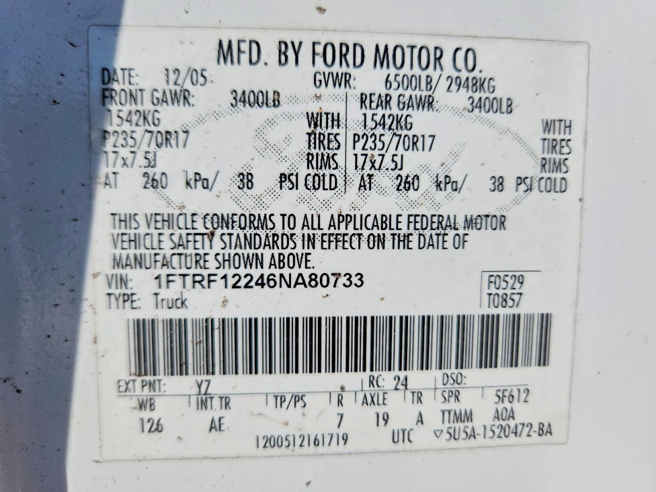 2006 Ford F150 White vin: 1FTRF12246NA80733