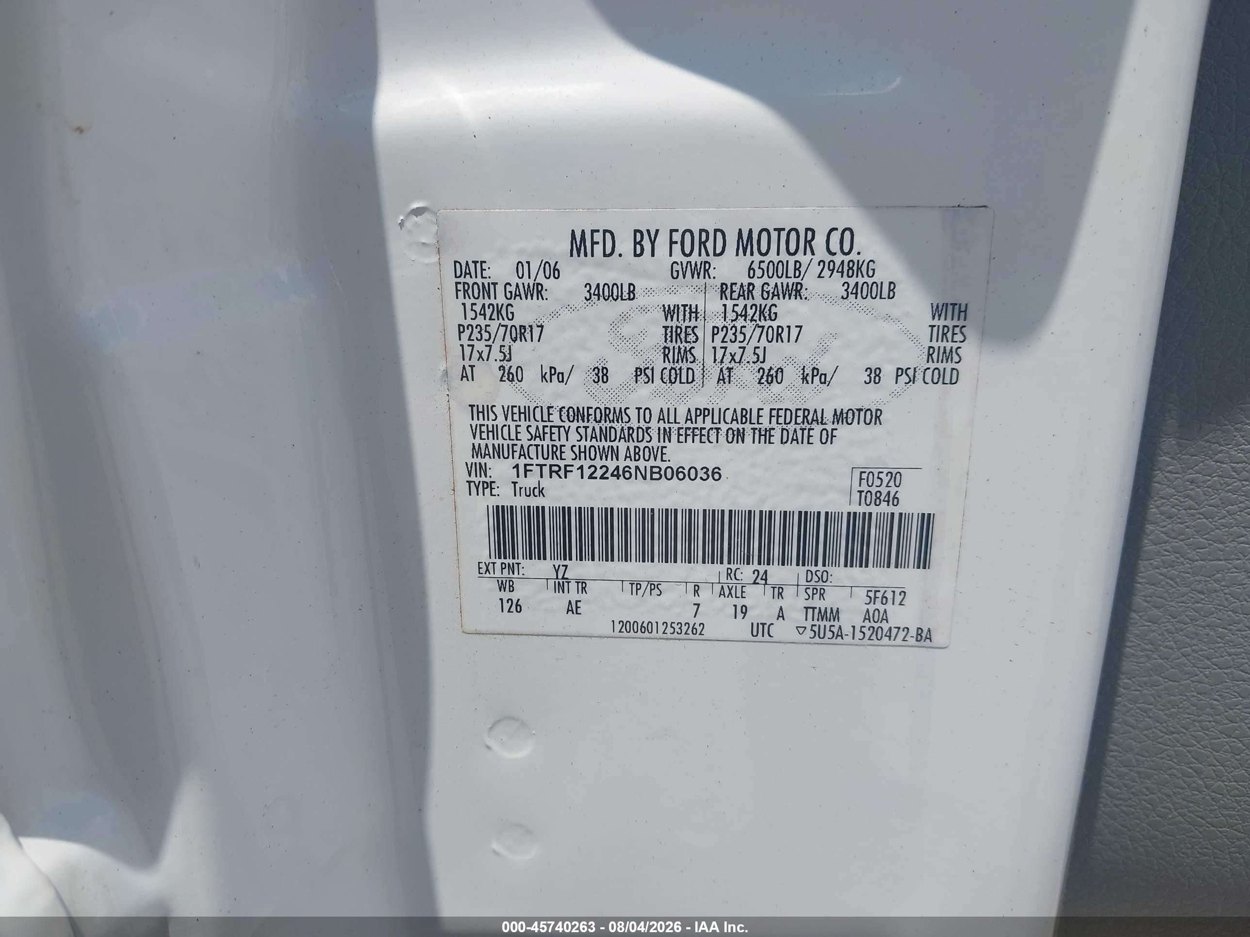 2006 Ford F-150 Stx/xl/xlt White vin: 1FTRF12246NB06036