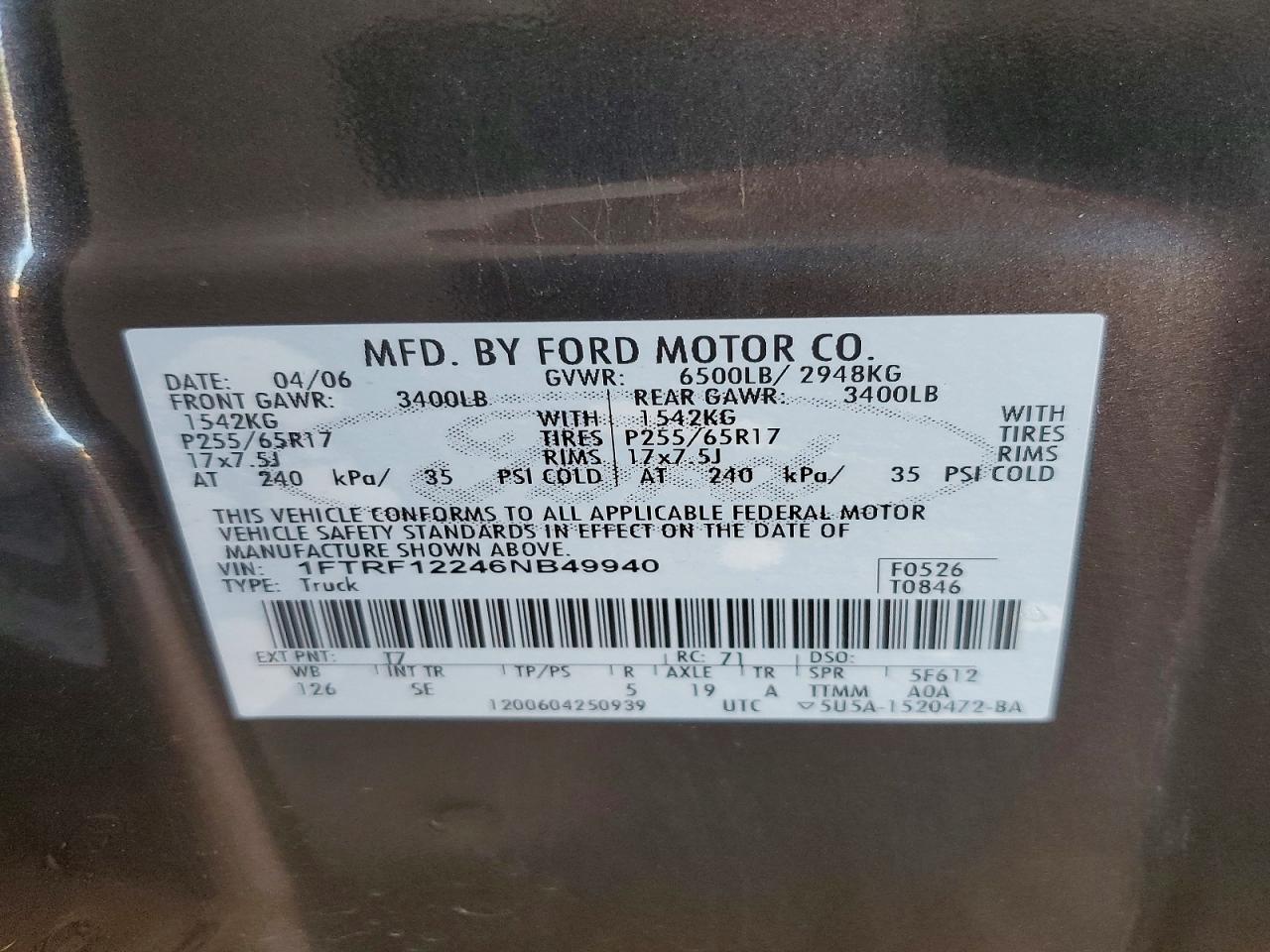 2006 Ford F150 Gray vin: 1FTRF12246NB49940