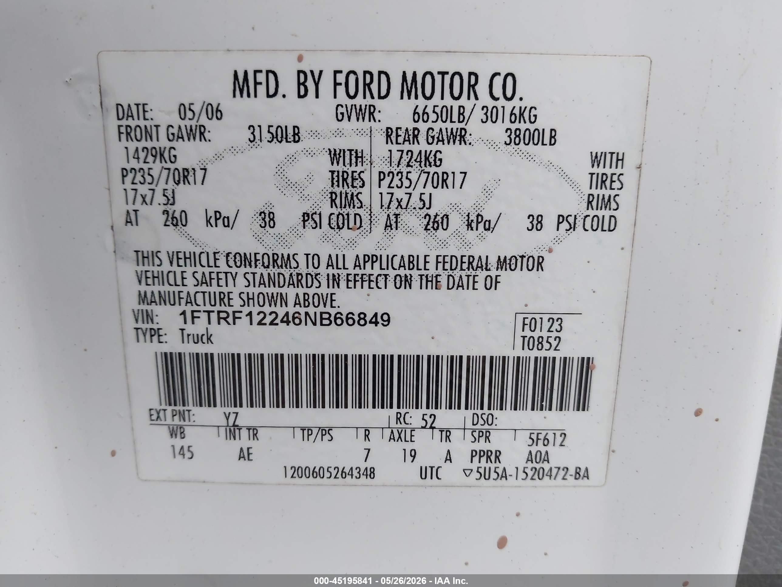 2006 Ford F-150 Stx/xl/xlt White vin: 1FTRF12246NB66849
