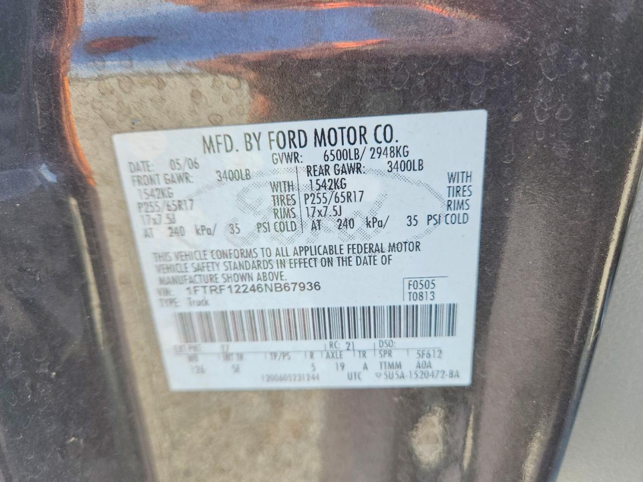2006 Ford F150 Brown vin: 1FTRF12246NB67936