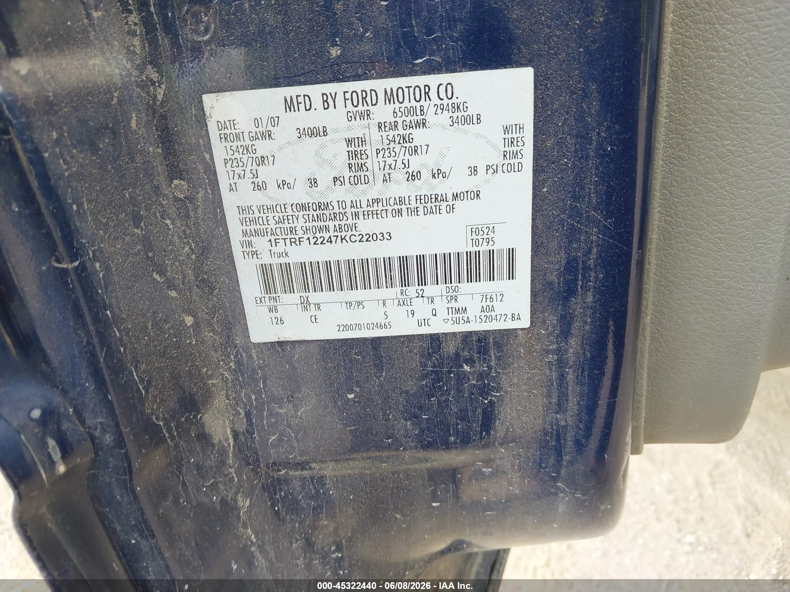 2007 Ford F-150 Stx/xl/xlt Blue vin: 1FTRF12247KC22033
