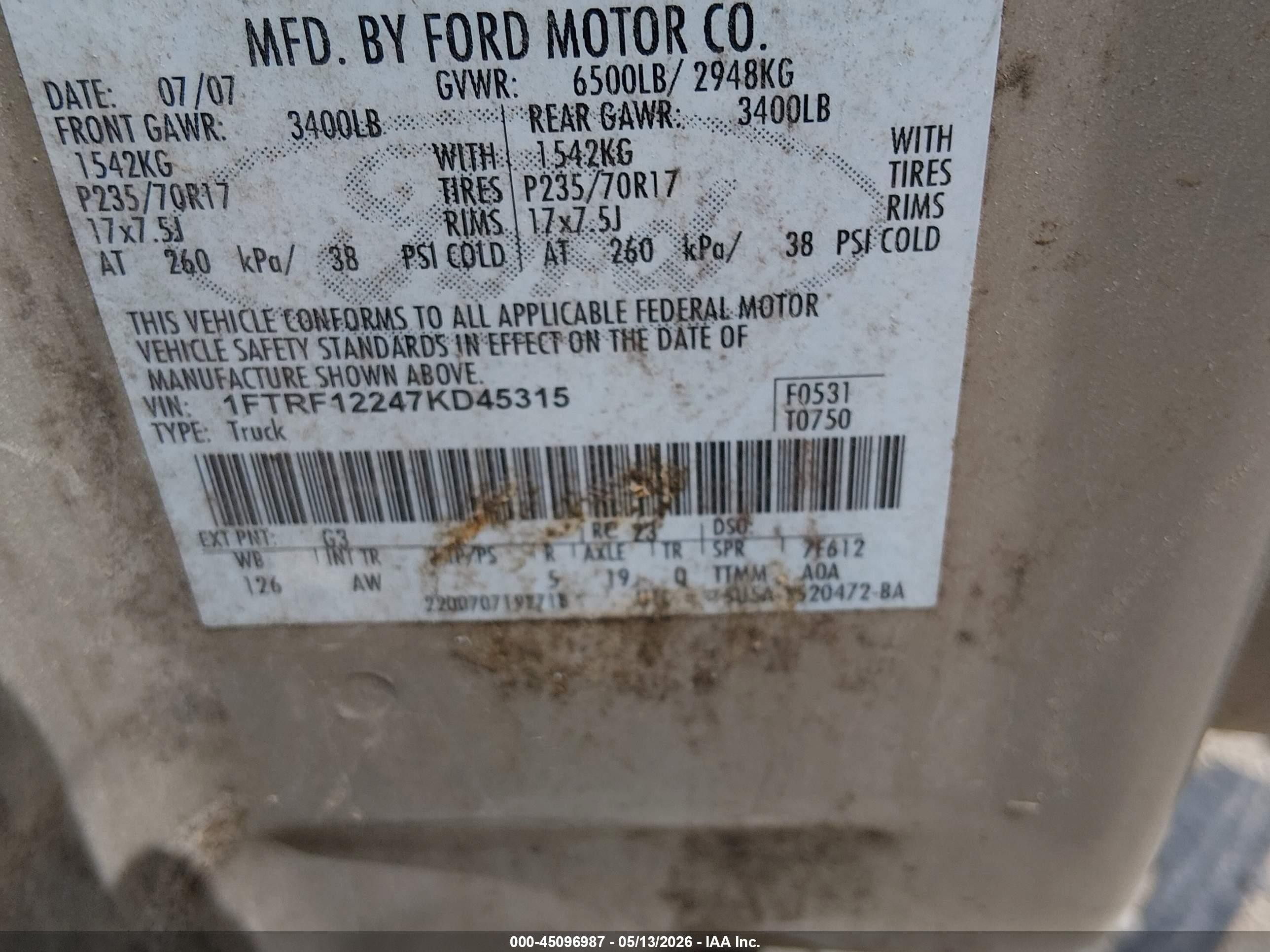 2007 Ford F-150 Stx/xl/xlt Gold vin: 1FTRF12247KD45315