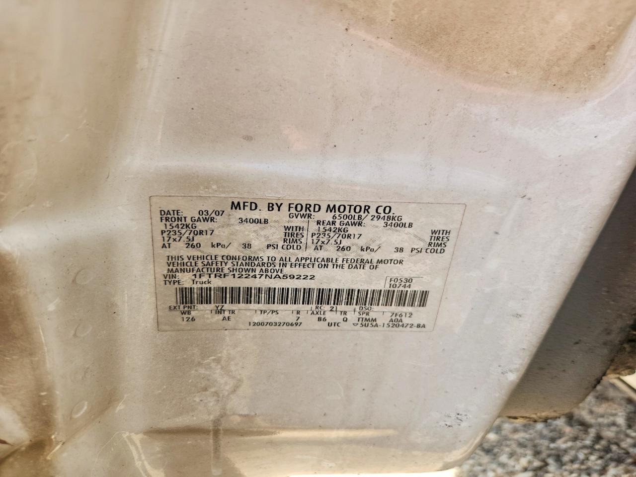 2007 Ford F150 Burn vin: 1FTRF12247NA59222