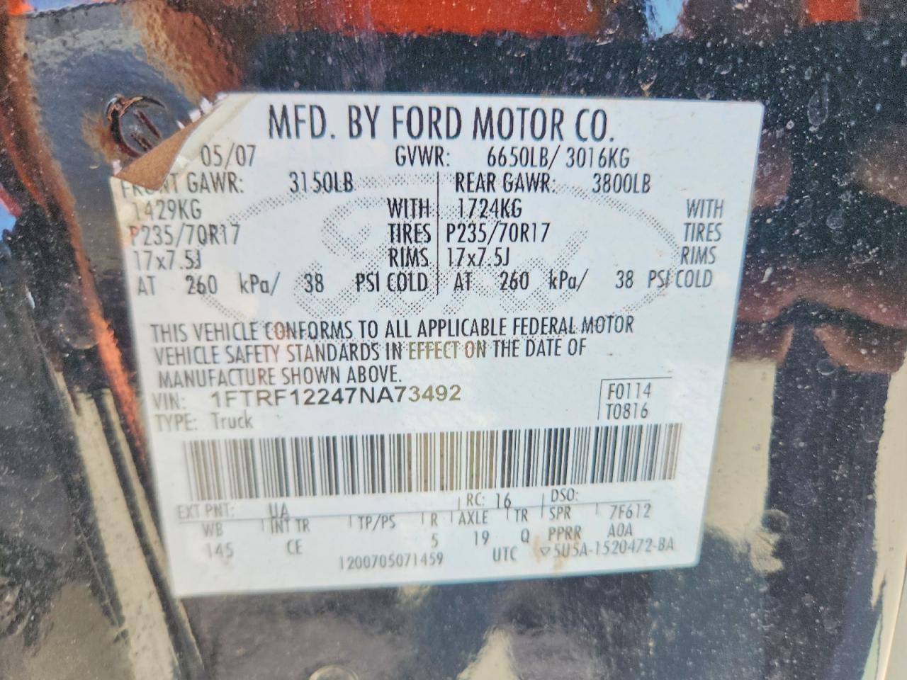 2007 Ford F150 Black vin: 1FTRF12247NA73492
