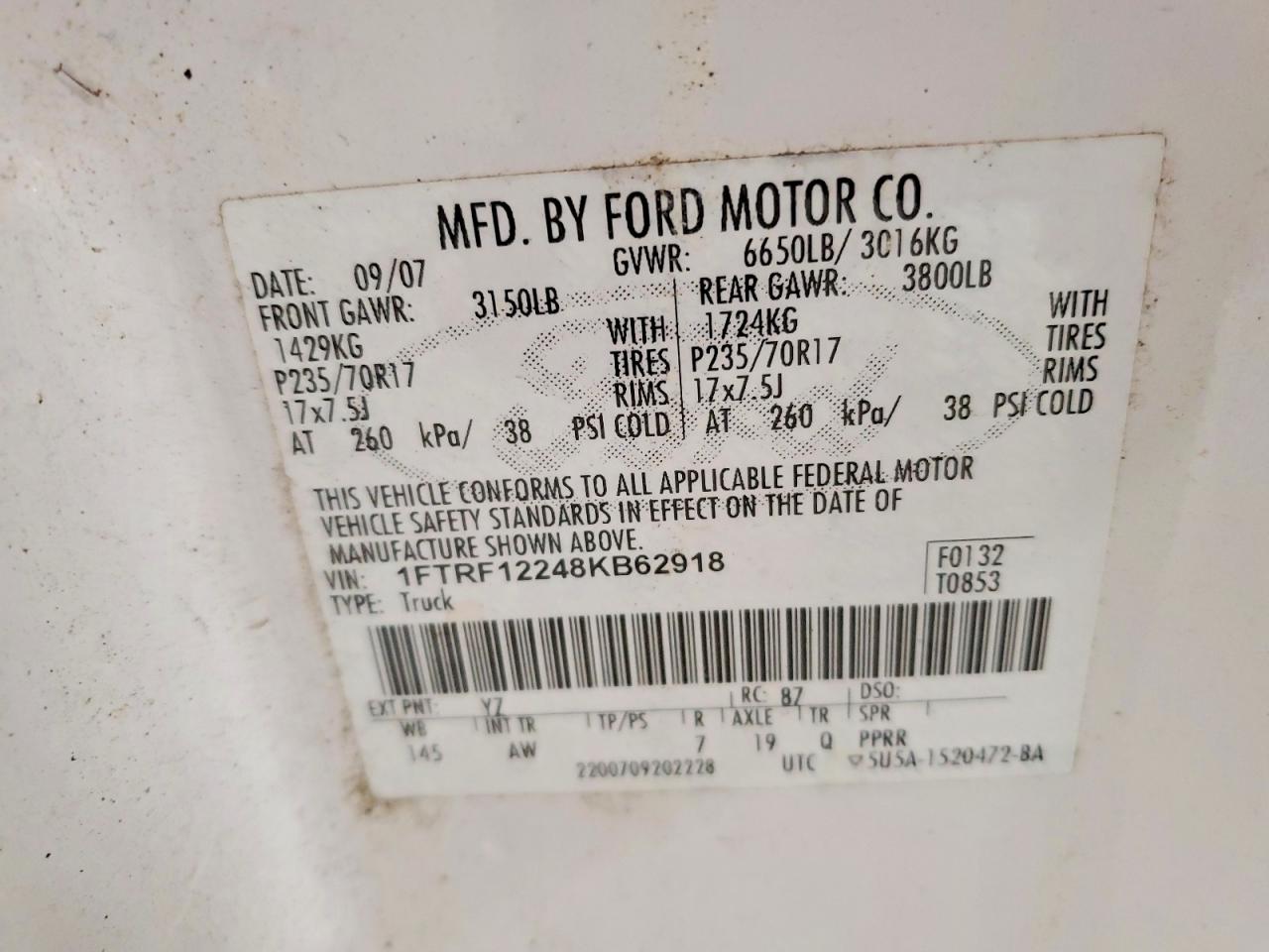 2008 Ford F150 White vin: 1FTRF12248KB62918