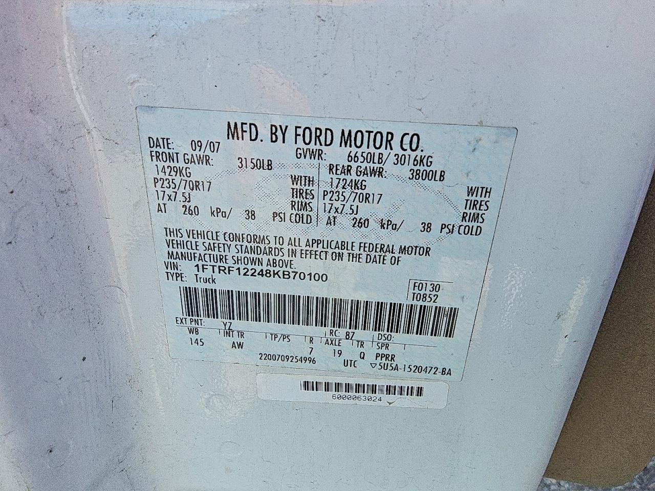 2008 Ford F150 White vin: 1FTRF12248KB70100