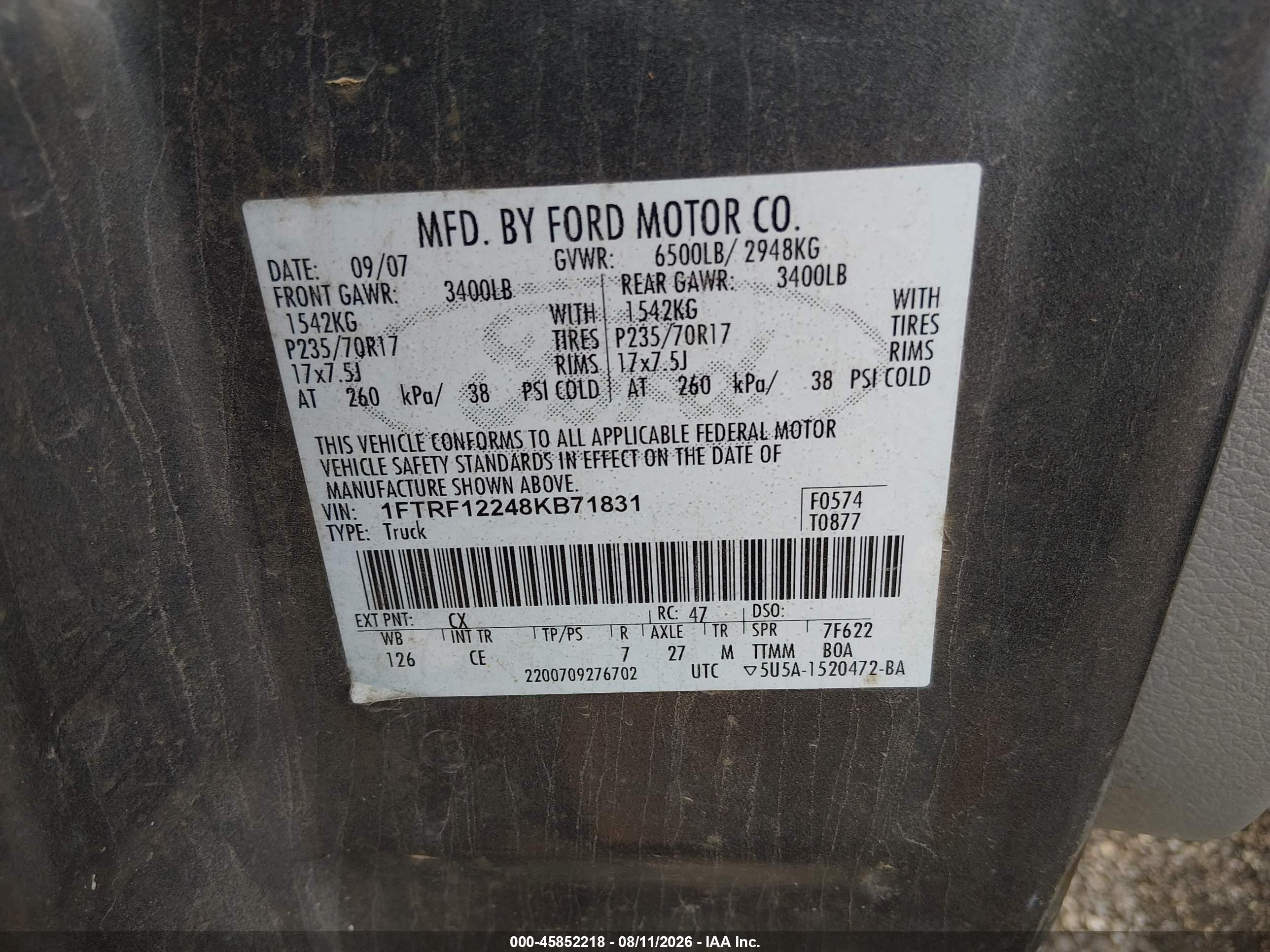 2008 Ford F-150 Stx/xl/xlt Gray vin: 1FTRF12248KB71831