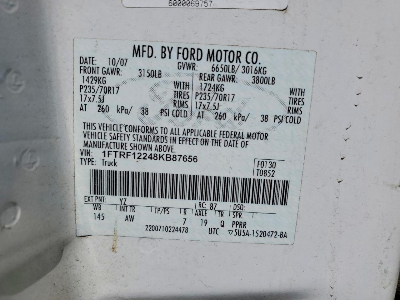 2008 Ford F150 White vin: 1FTRF12248KB87656