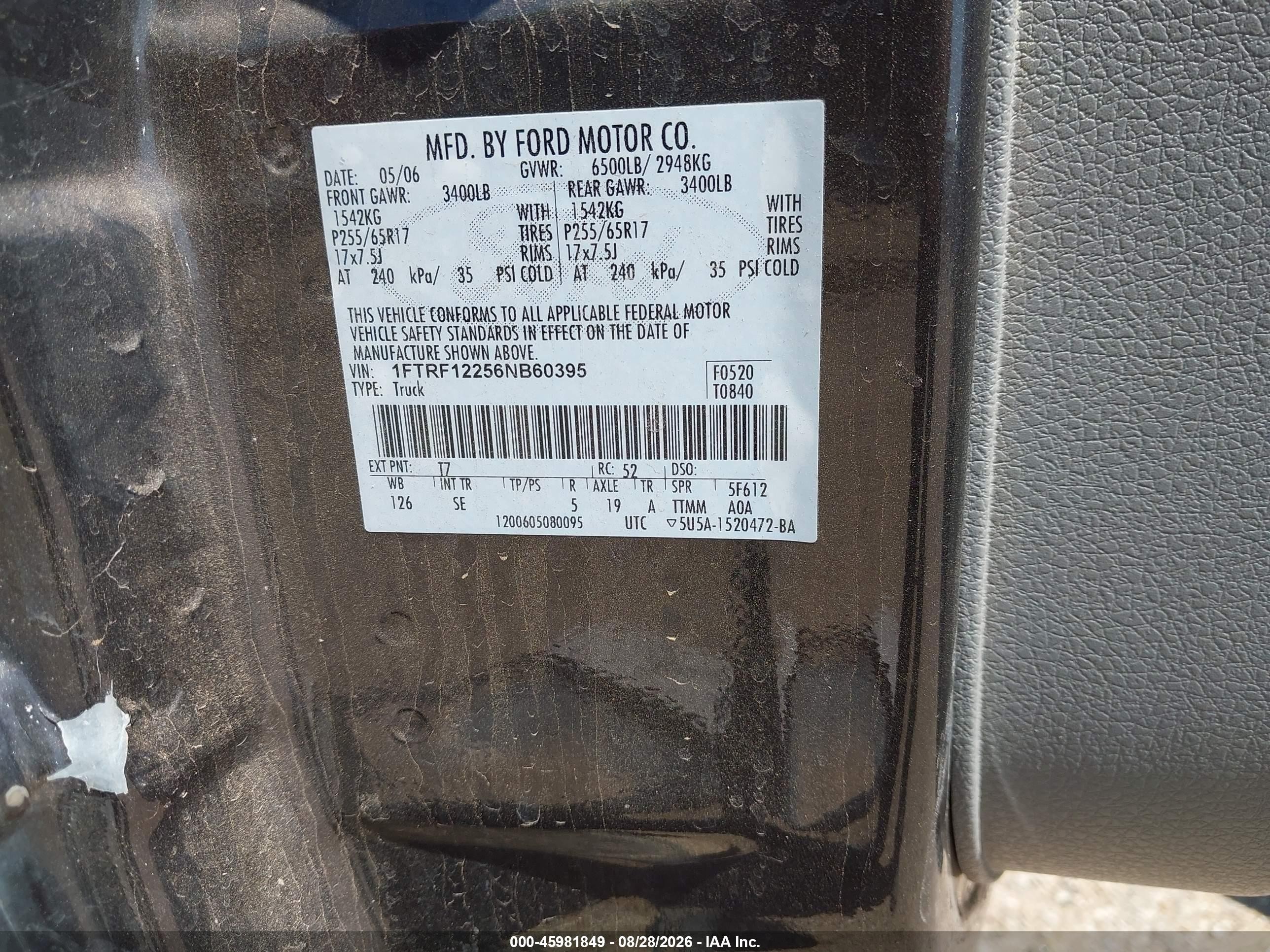 2006 Ford F-150 Stx/xl/xlt Gray vin: 1FTRF12256NB60395