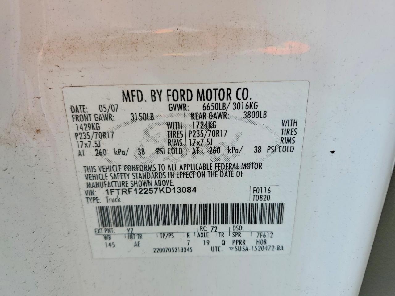 2007 Ford F150 White vin: 1FTRF12257KD13084