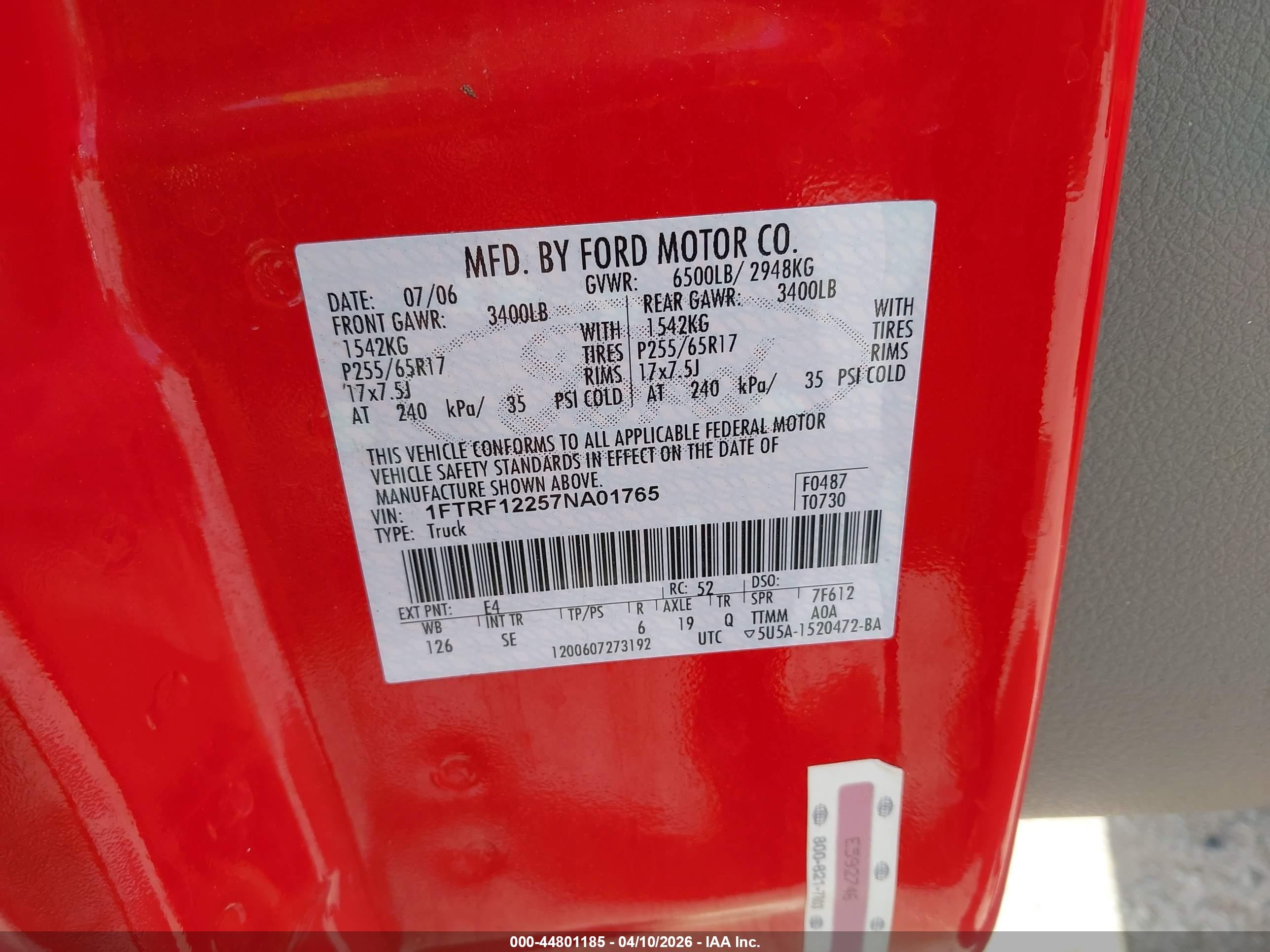 2007 Ford F-150 Stx/xl/xlt Red vin: 1FTRF12257NA01765
