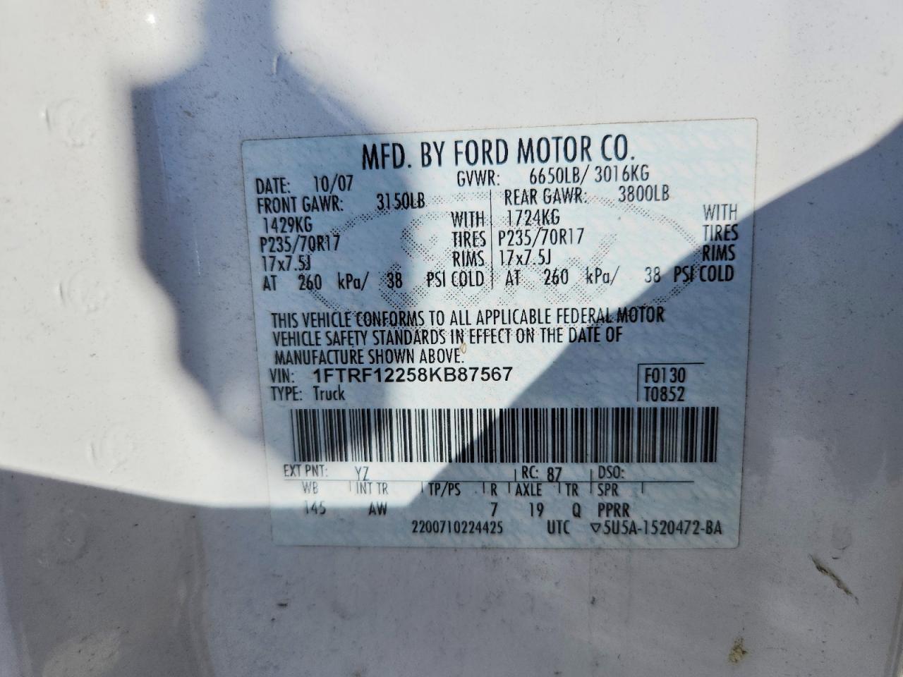 2008 Ford F150 White vin: 1FTRF12258KB87567
