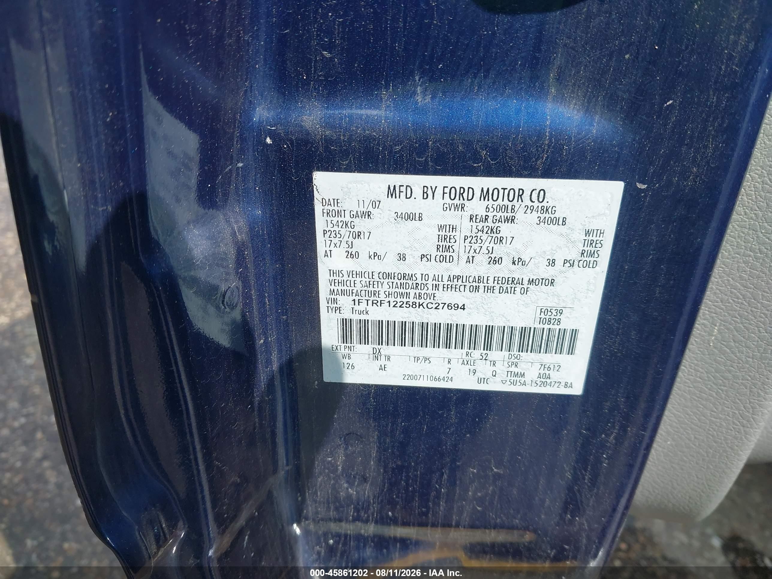 2008 Ford F-150 Stx/xl/xlt Blue vin: 1FTRF12258KC27694
