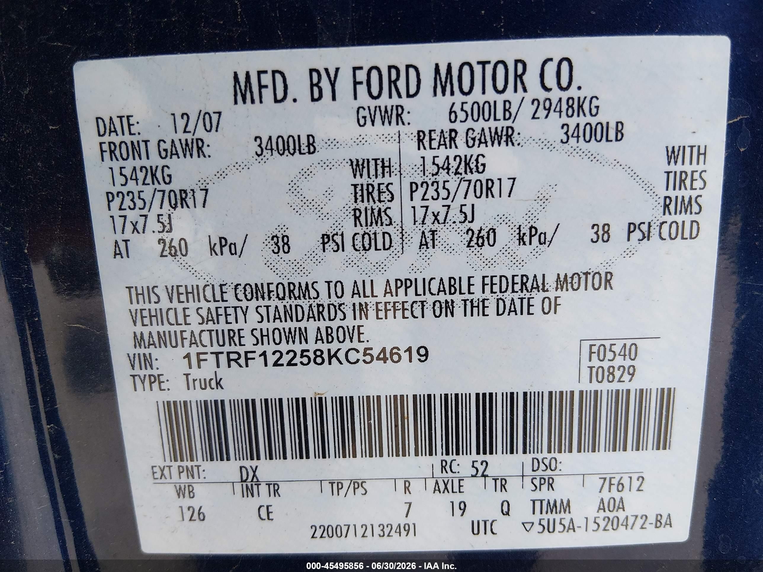 2008 Ford F-150 Stx/xl/xlt Dark Blue vin: 1FTRF12258KC54619