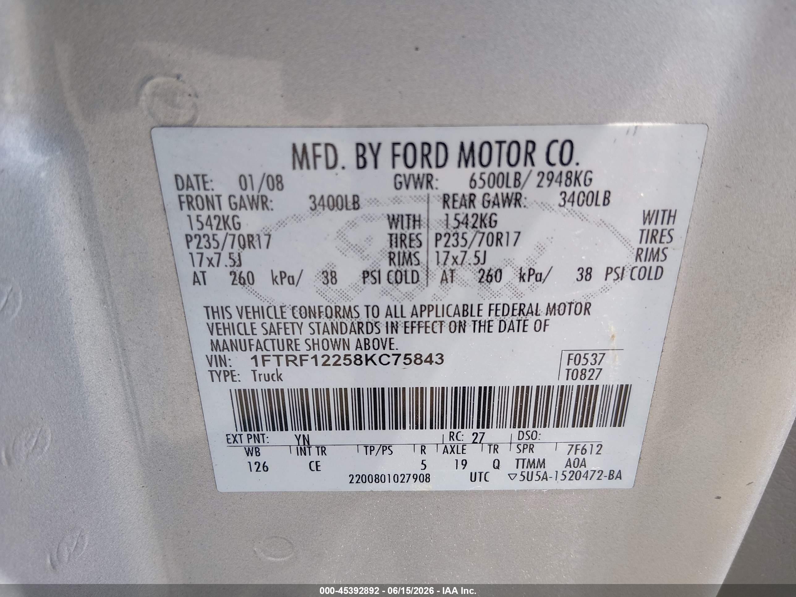 2008 Ford F-150 Stx/xl/xlt Silver vin: 1FTRF12258KC75843