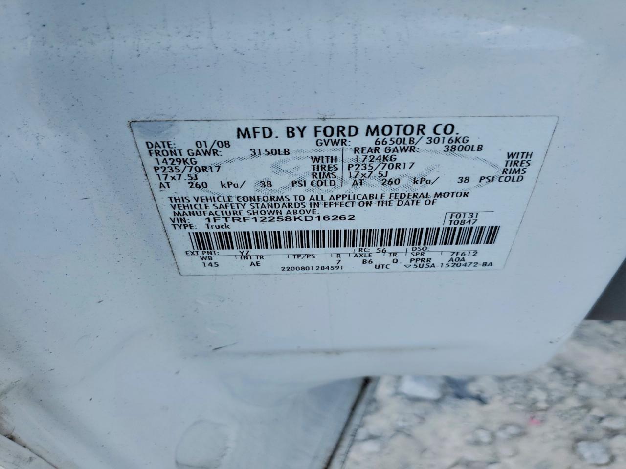 2008 Ford F150 White vin: 1FTRF12258KD16262
