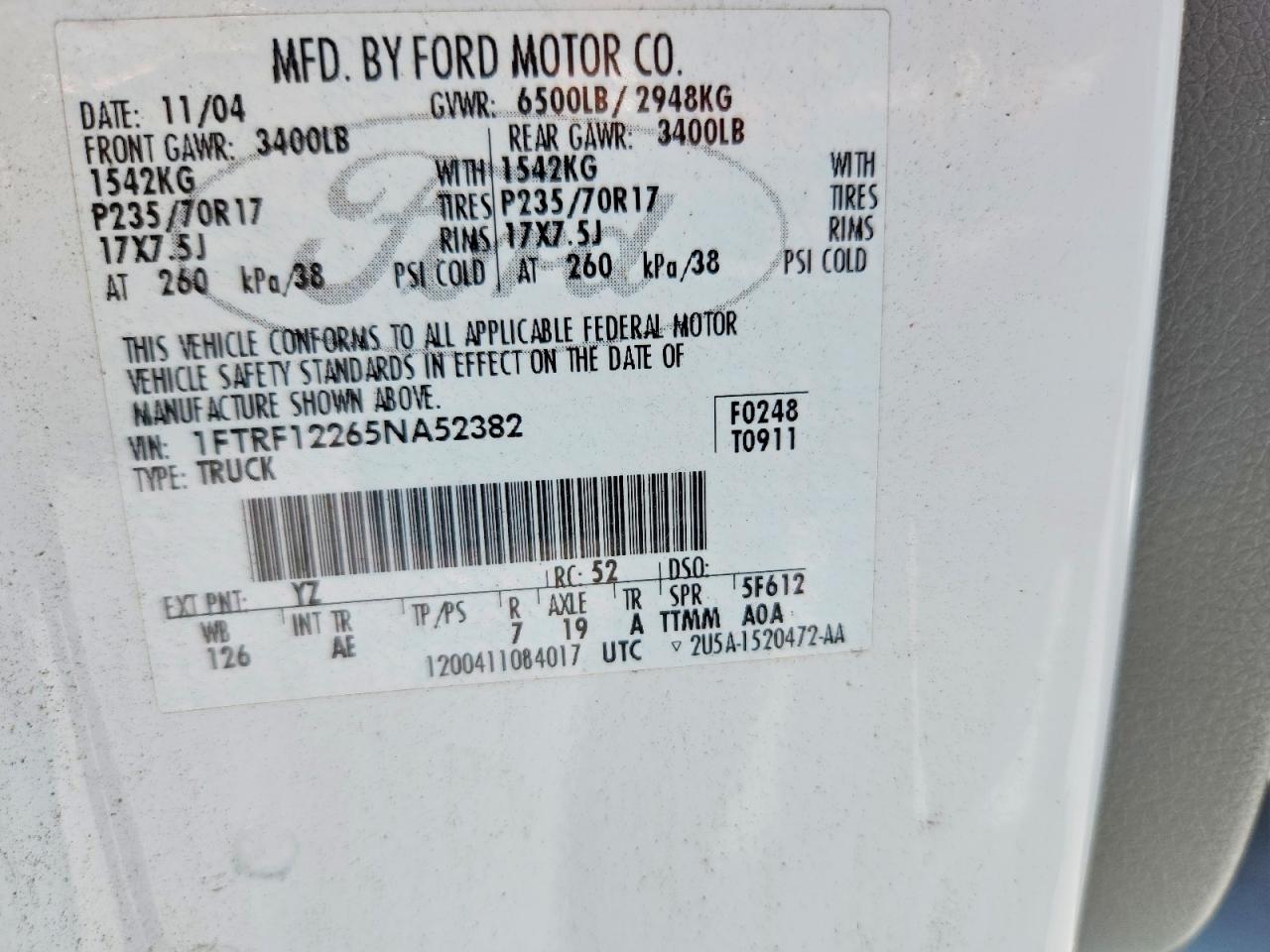 2005 Ford F150 Белый vin: 1FTRF12265NA52382