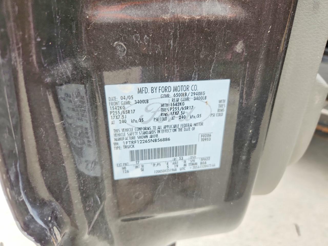 2005 Ford F150 Tan vin: 1FTRF12265NB56886