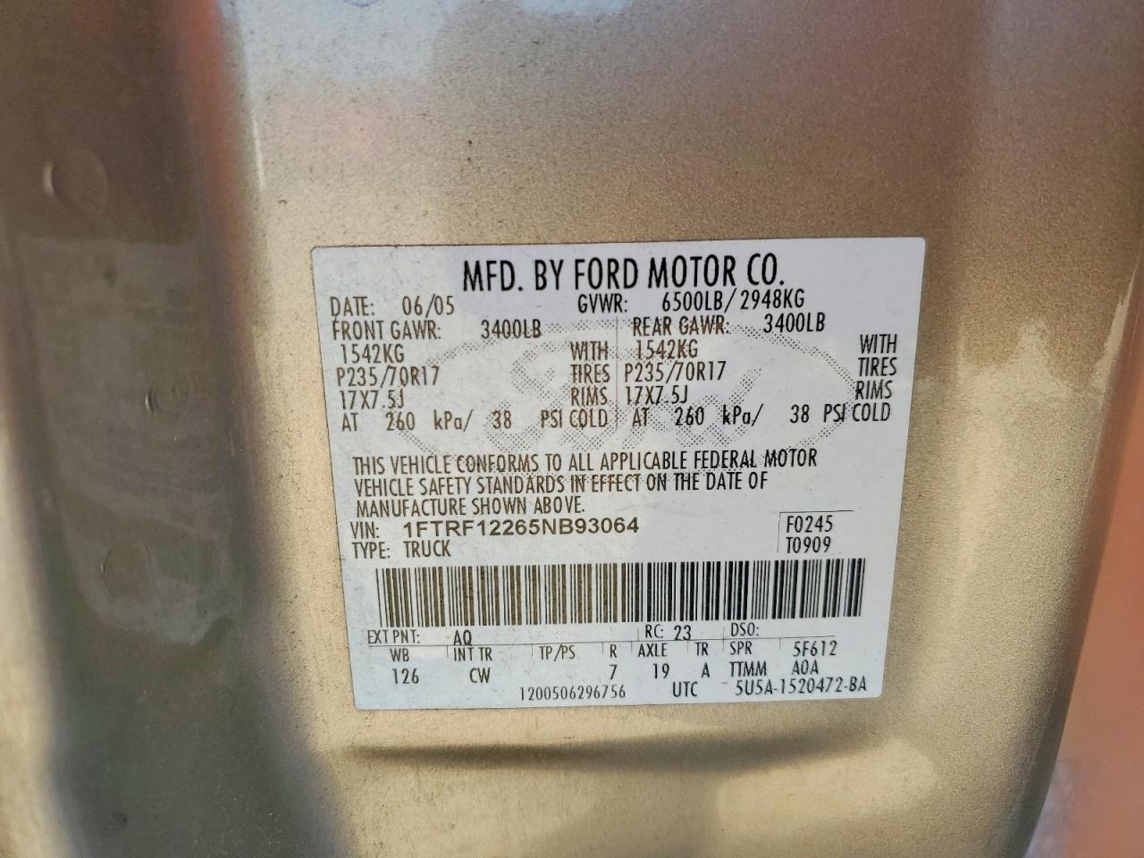 2005 Ford F150 Tan vin: 1FTRF12265NB93064