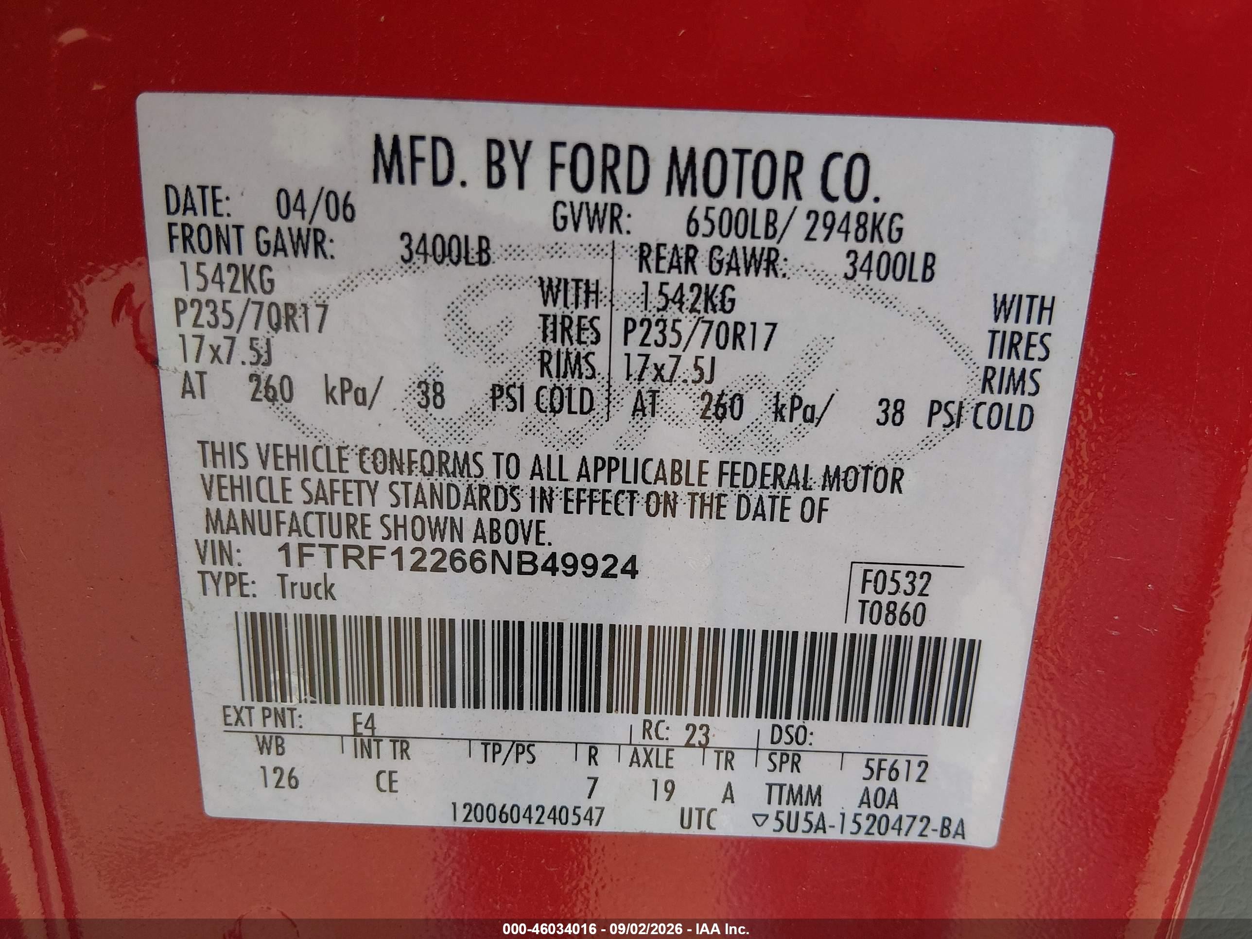 2006 Ford F-150 Stx/xl/xlt Red vin: 1FTRF12266NB49924