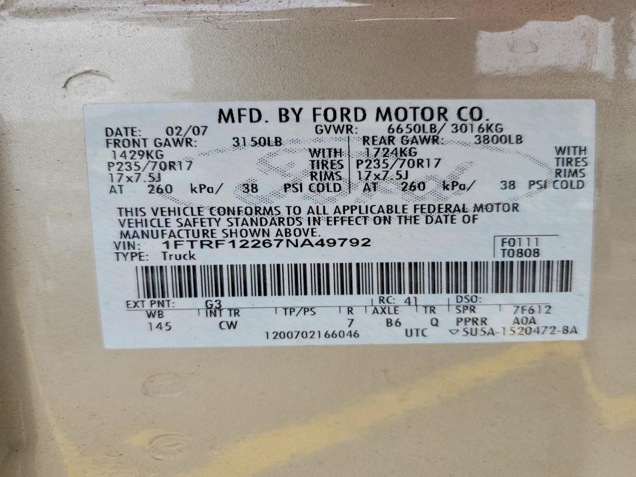 2007 Ford F150 Beige vin: 1FTRF12267NA49792