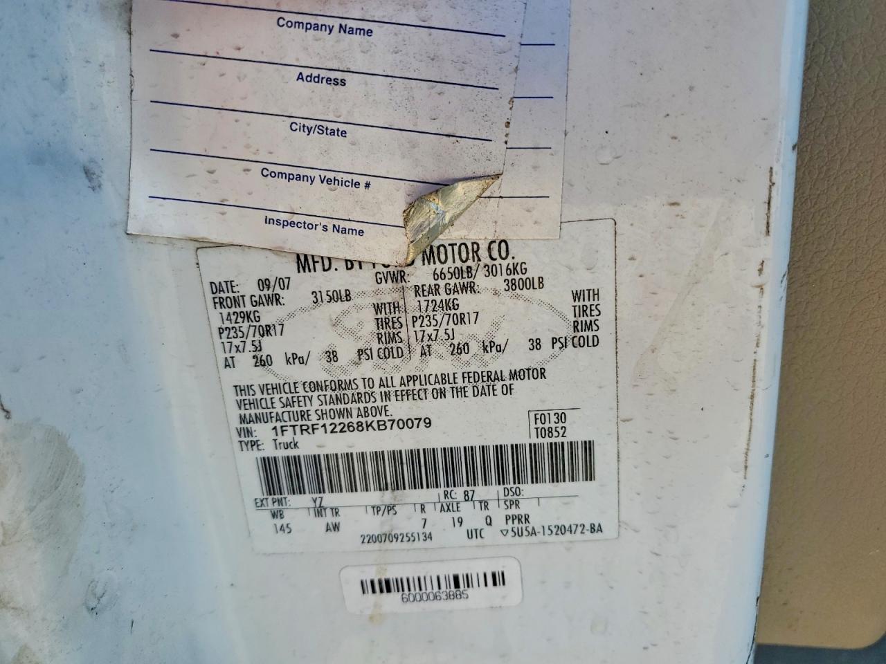 2008 Ford F150 White vin: 1FTRF12268KB70079