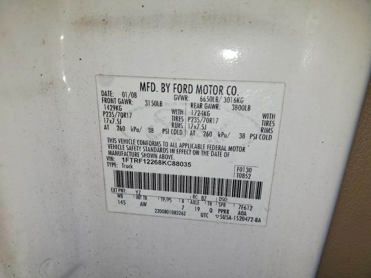 2008 Ford F150 White vin: 1FTRF12268KC88035