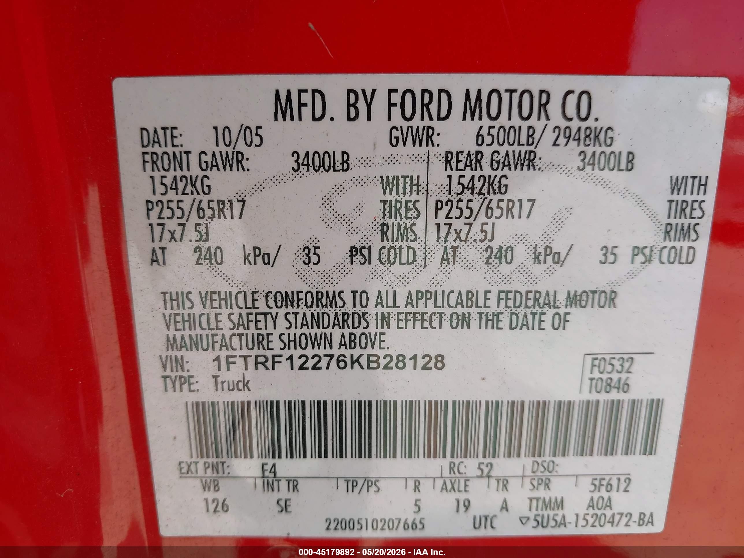2006 Ford F-150 Stx/xl/xlt Red vin: 1FTRF12276KB28128