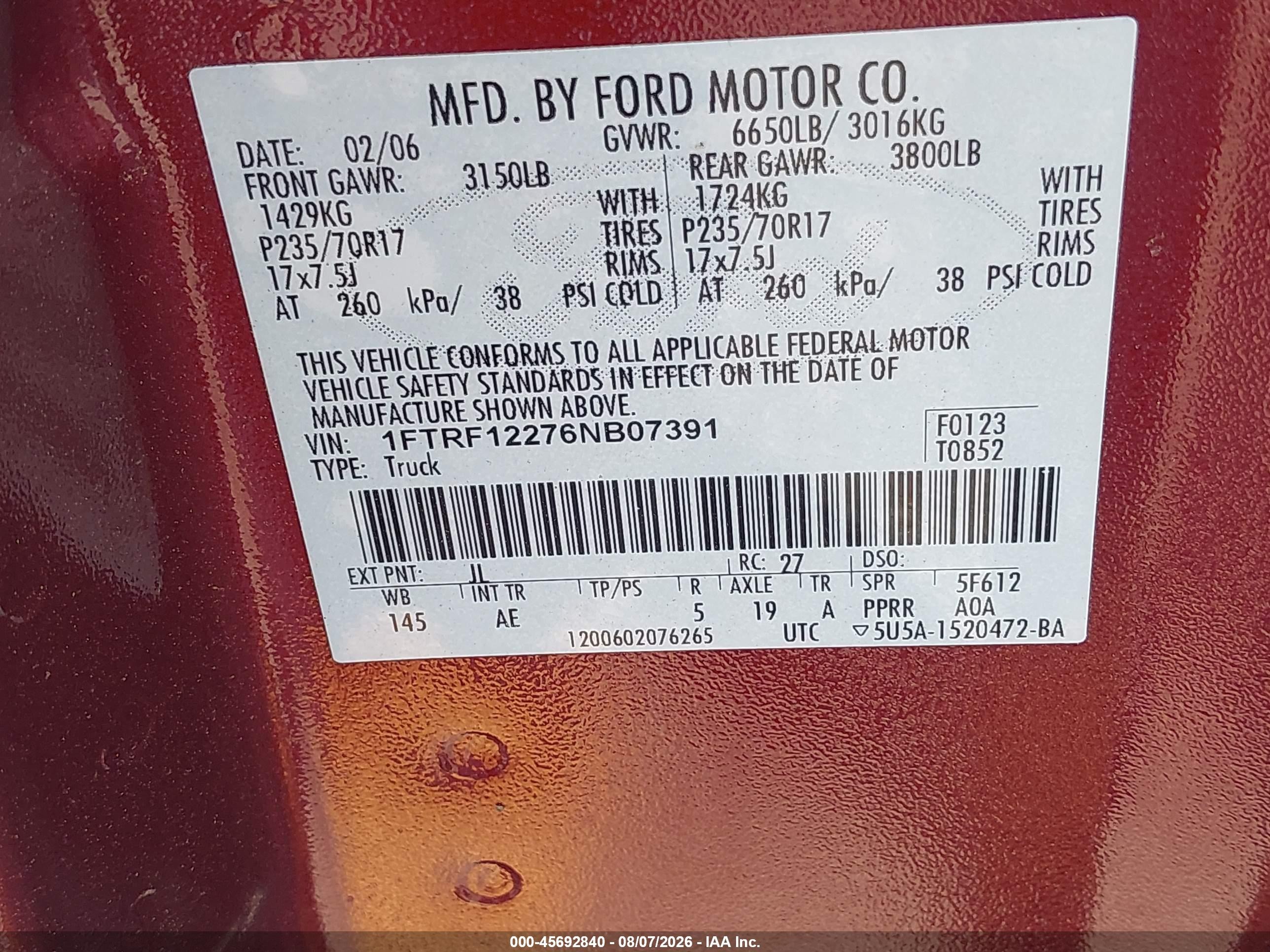 2006 Ford F-150 Stx/xl/xlt Red vin: 1FTRF12276NB07391