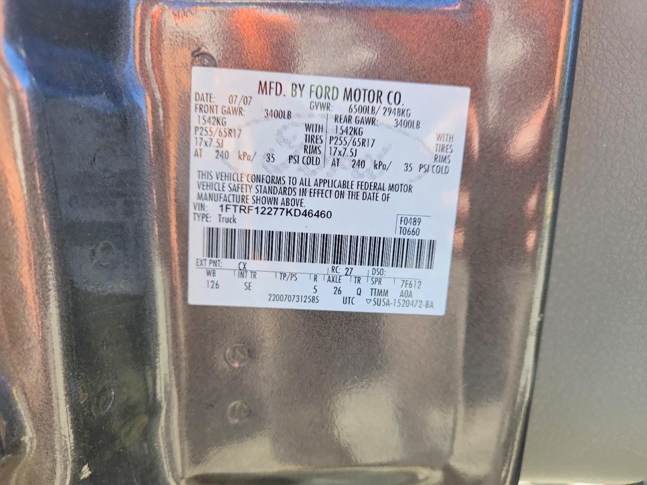 2007 Ford F150 Gray vin: 1FTRF12277KD46460
