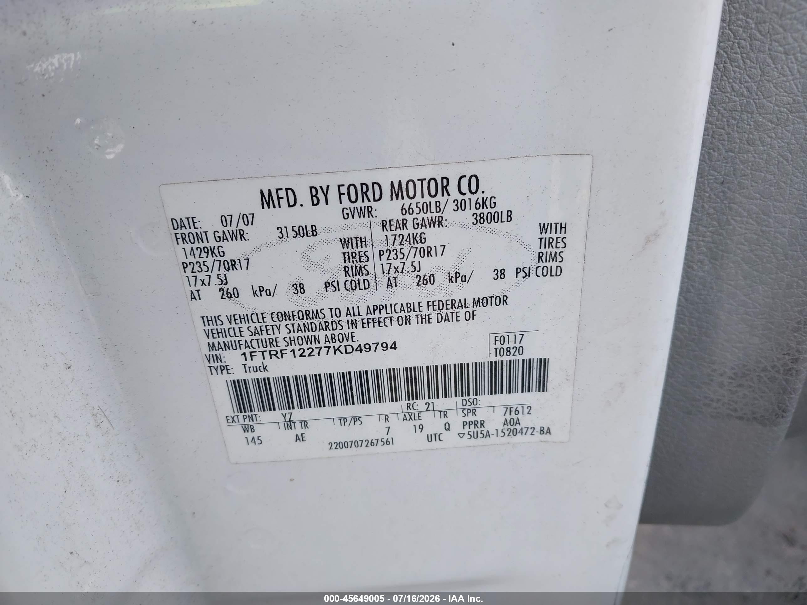 2007 Ford F-150 Stx/xl/xlt White vin: 1FTRF12277KD49794