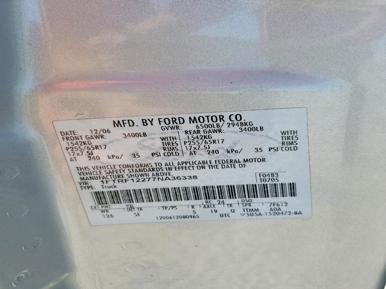 2007 Ford F150 Silver vin: 1FTRF12277NA36338