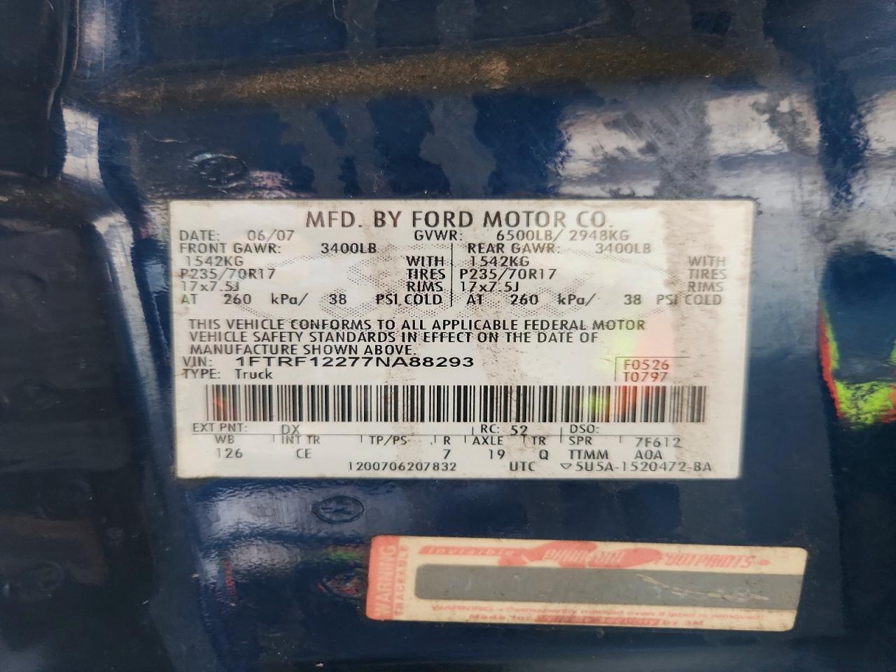 2007 Ford F150 Blue vin: 1FTRF12277NA88293