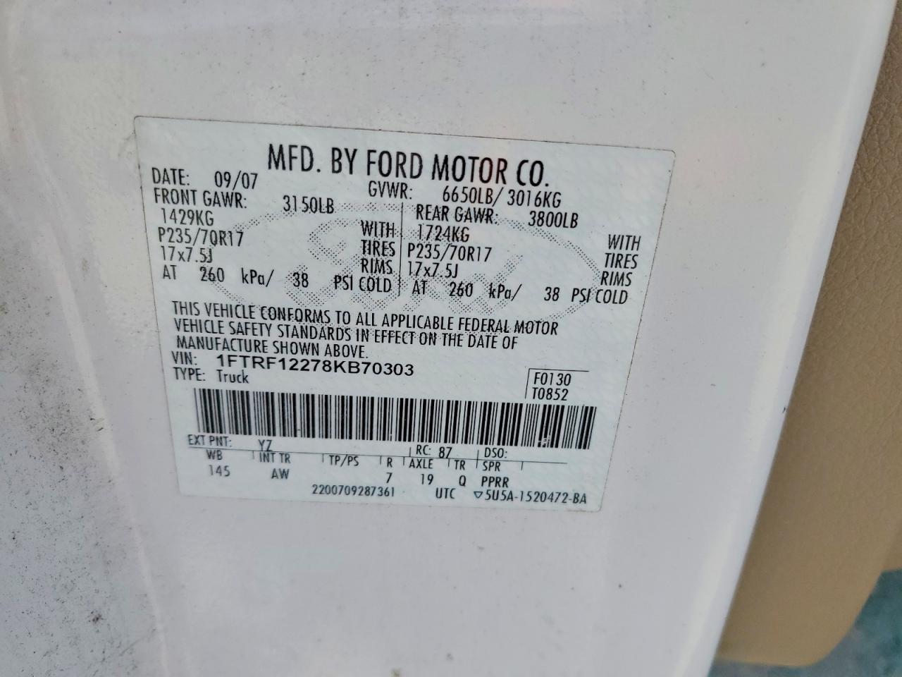 2008 Ford F150 White vin: 1FTRF12278KB70303