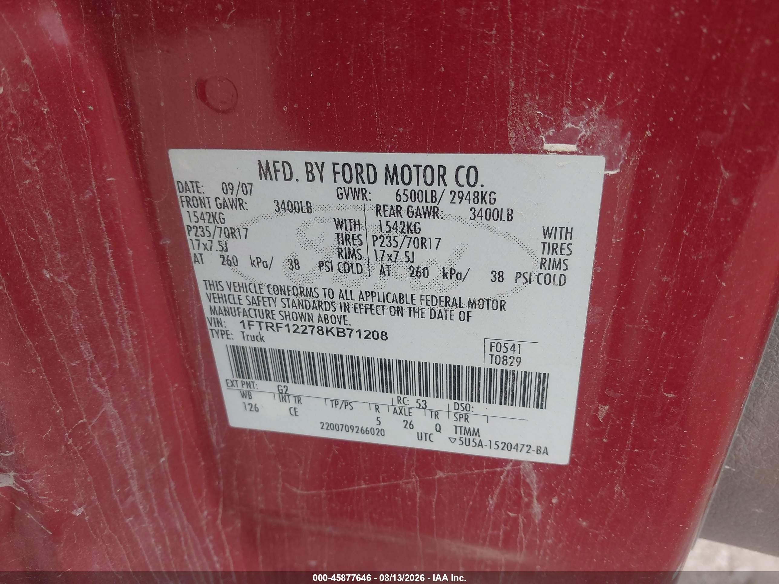 2008 Ford F-150 Stx/xl/xlt Red vin: 1FTRF12278KB71208