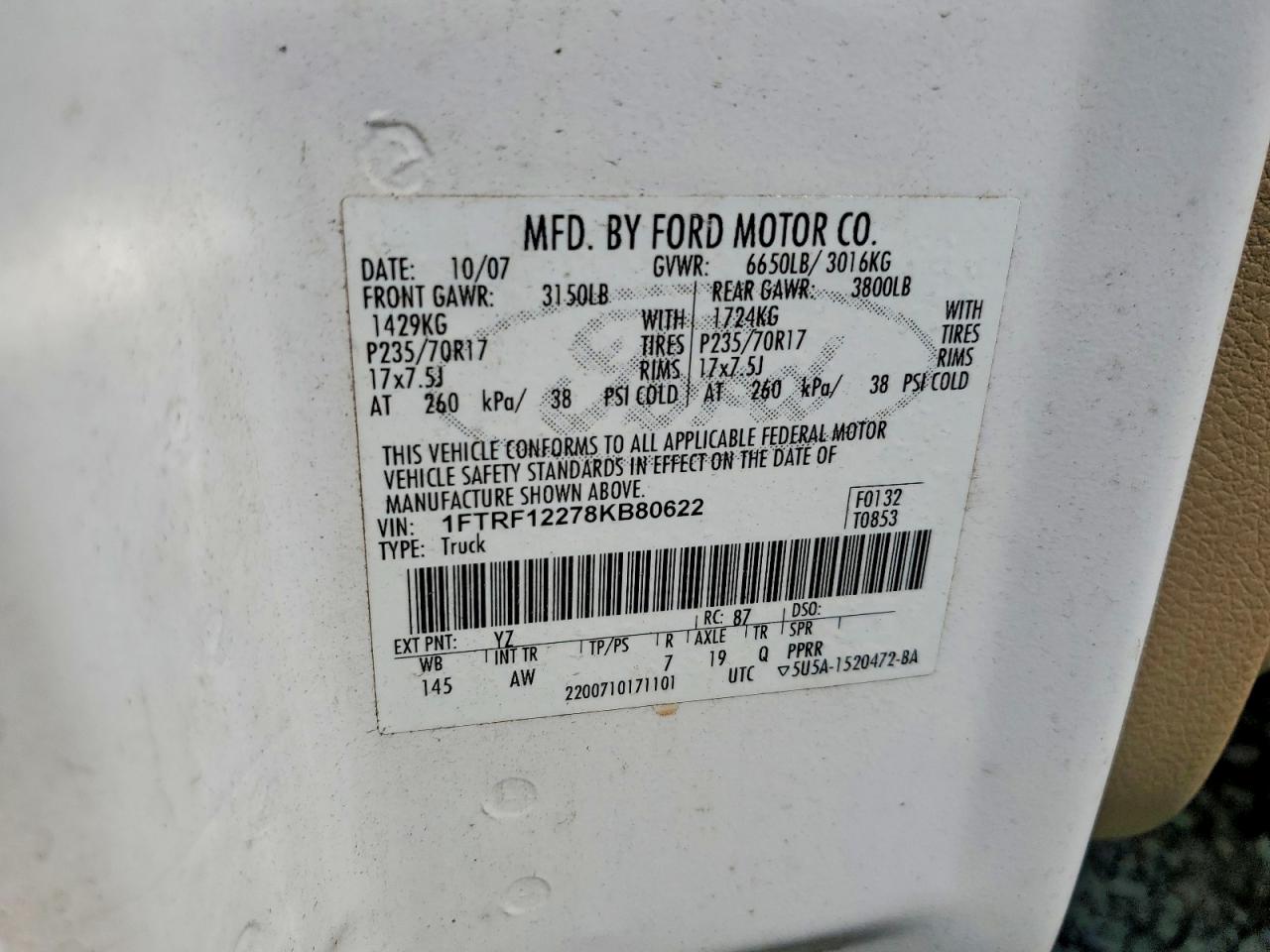 2008 Ford F150 Xl White vin: 1FTRF12278KB80622