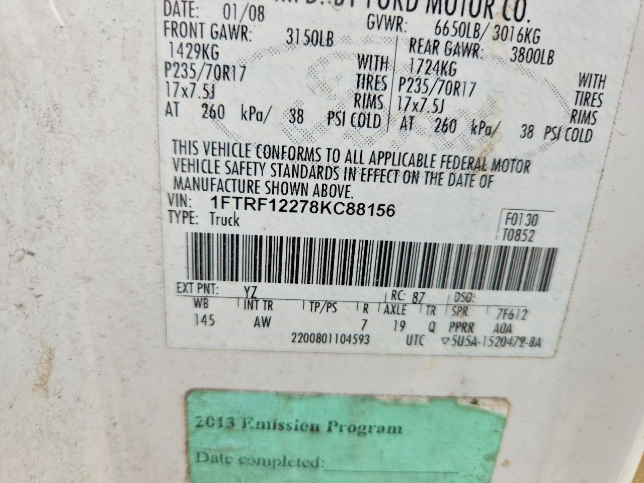 2008 Ford F150 Белый vin: 1FTRF12278KC88156