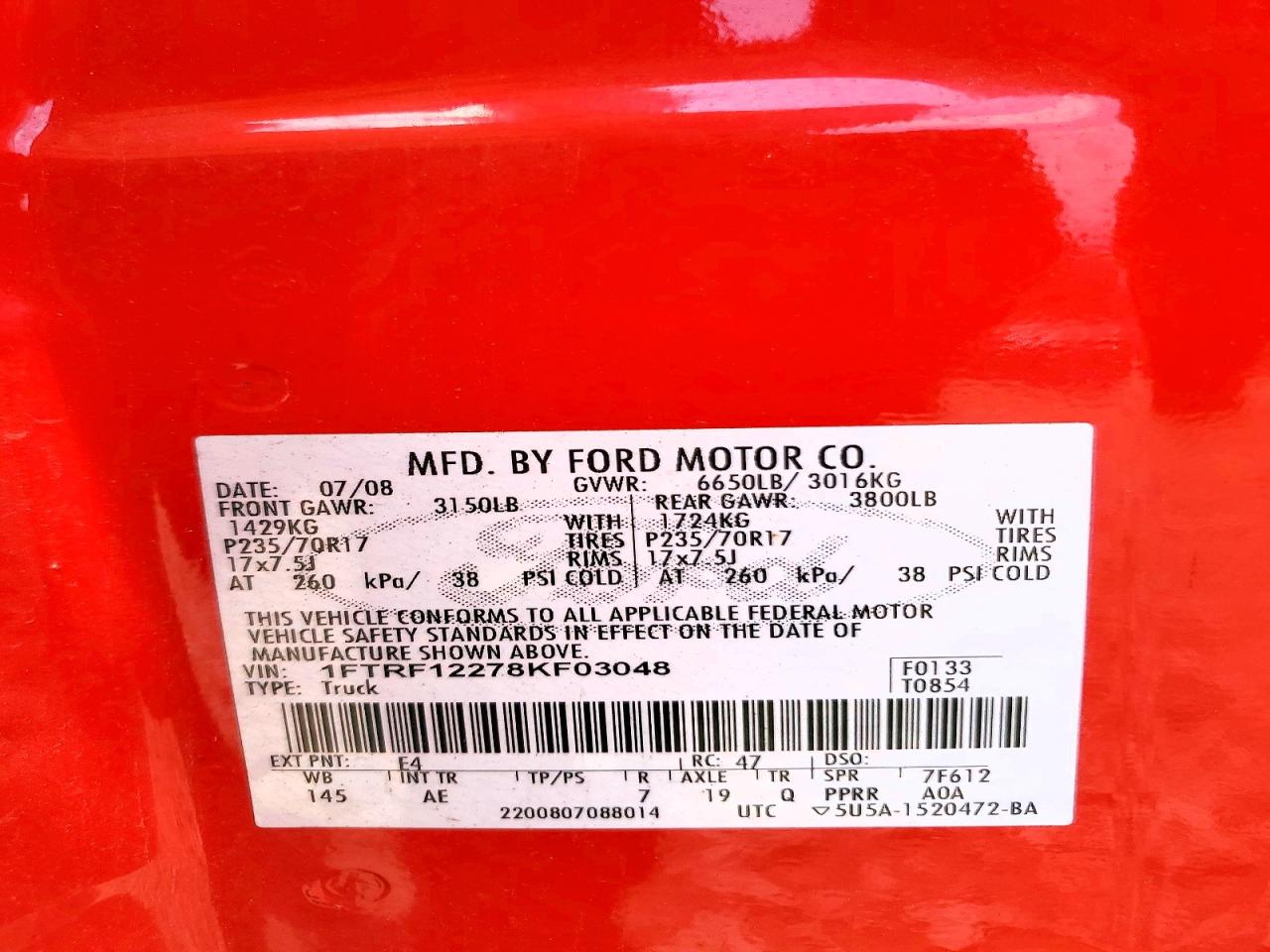 2008 Ford F150 Red vin: 1FTRF12278KF03048