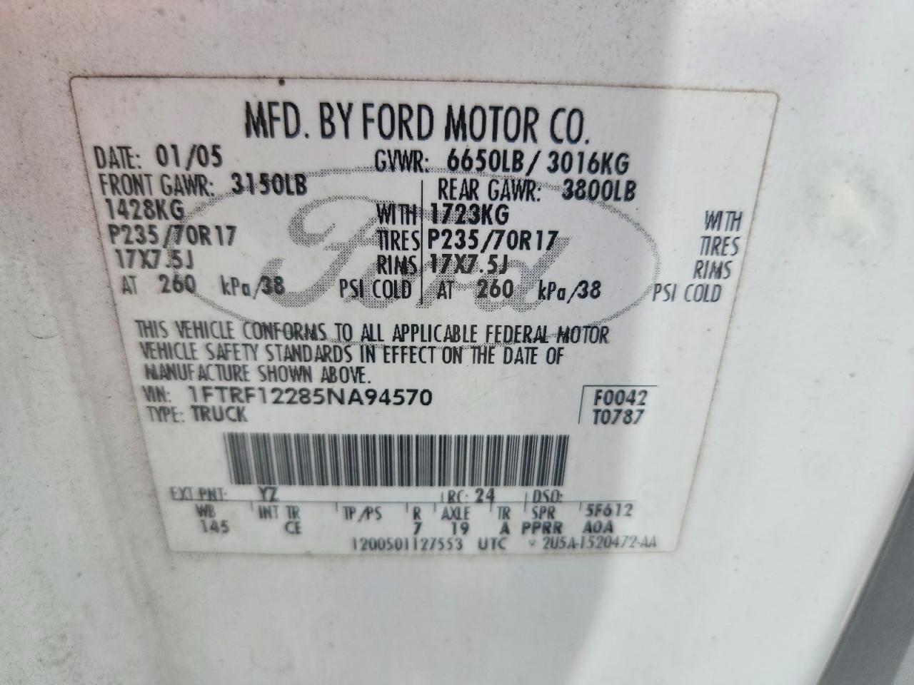 2005 Ford F150 White vin: 1FTRF12285NA94570