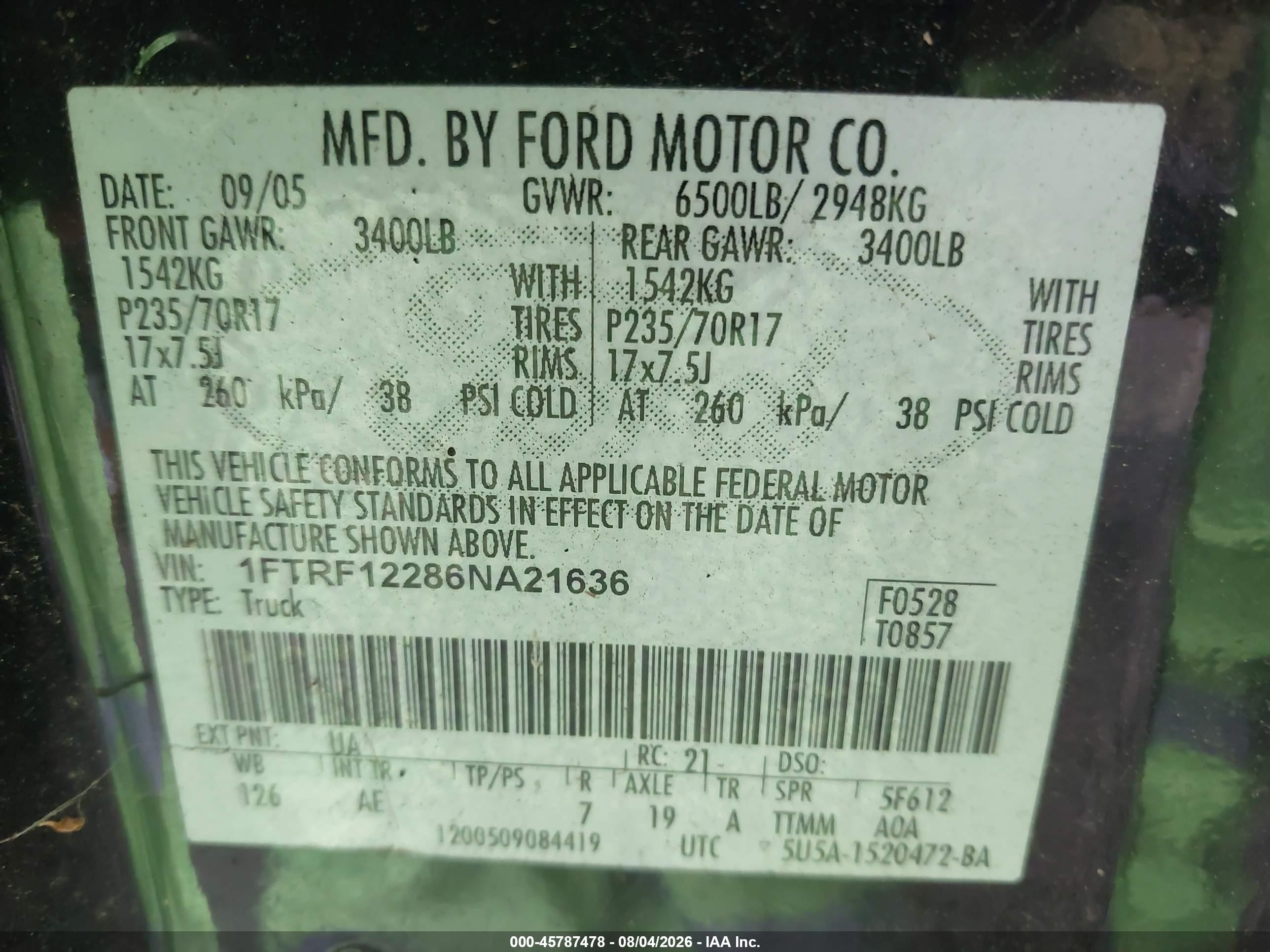 2006 Ford F-150 Stx/xl/xlt Black vin: 1FTRF12286NA21636