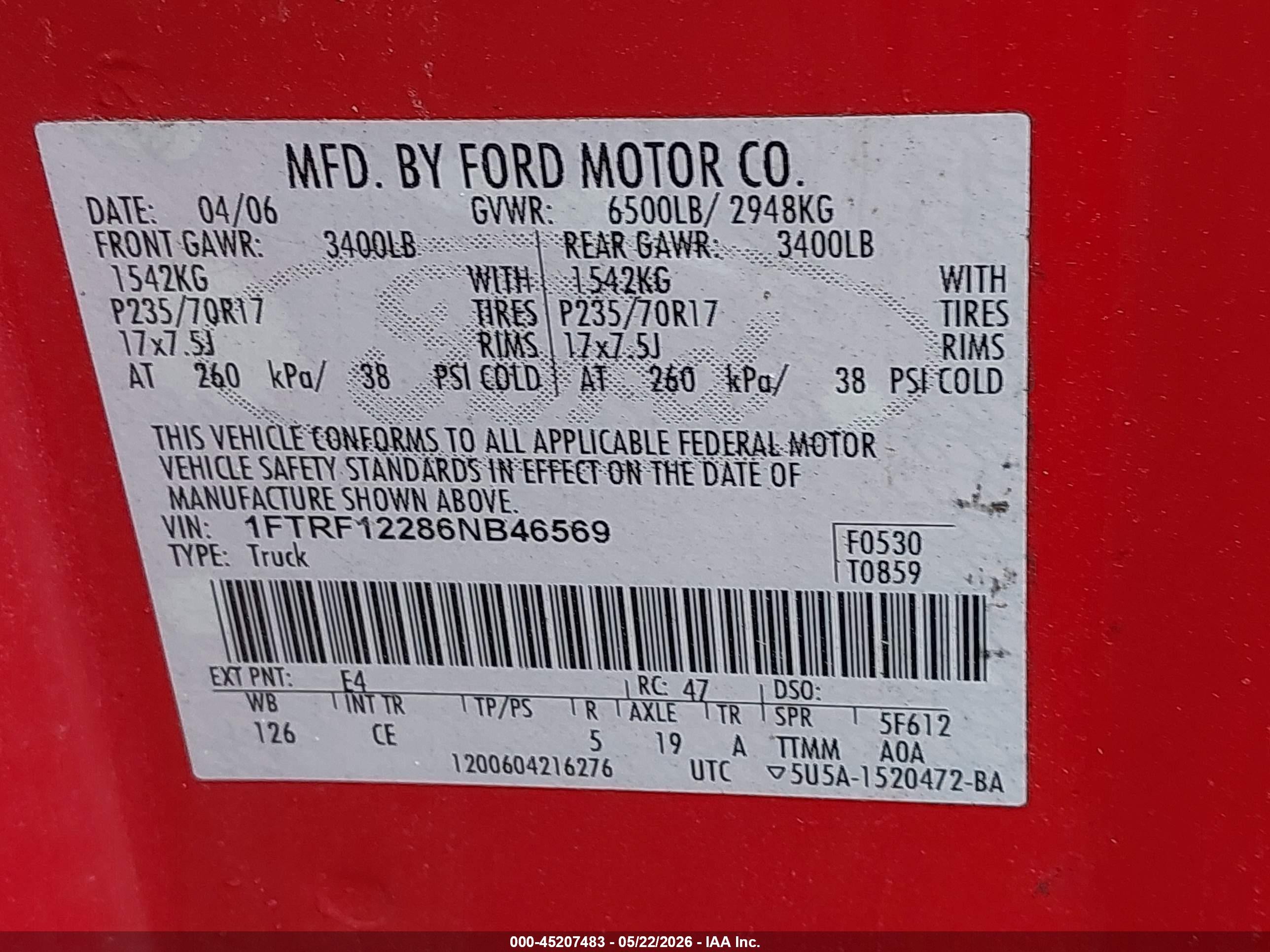 2006 Ford F-150 Stx/xl/xlt Red vin: 1FTRF12286NB46569