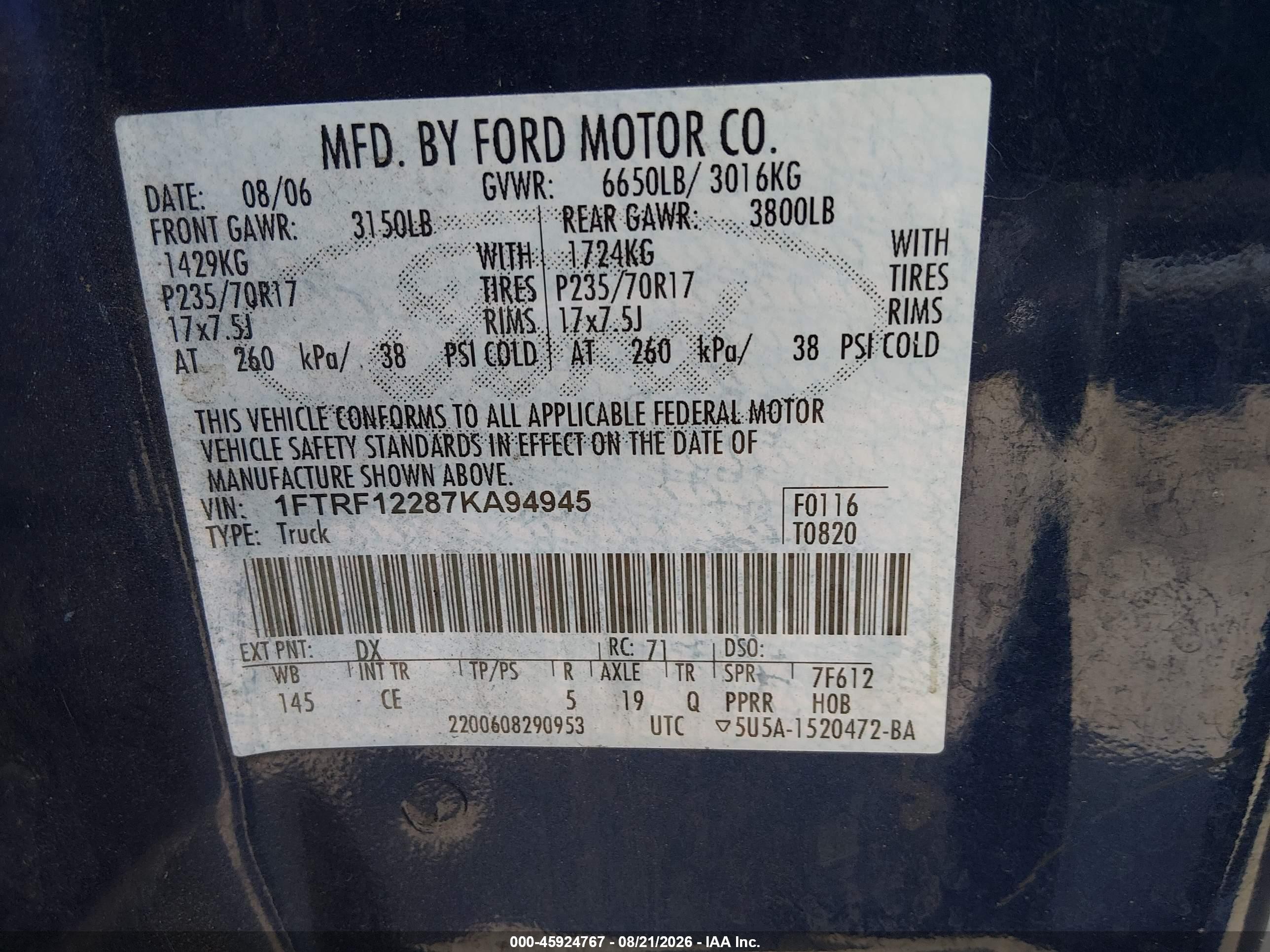 2007 Ford F-150 Stx/xl/xlt Dark Blue vin: 1FTRF12287KA94945