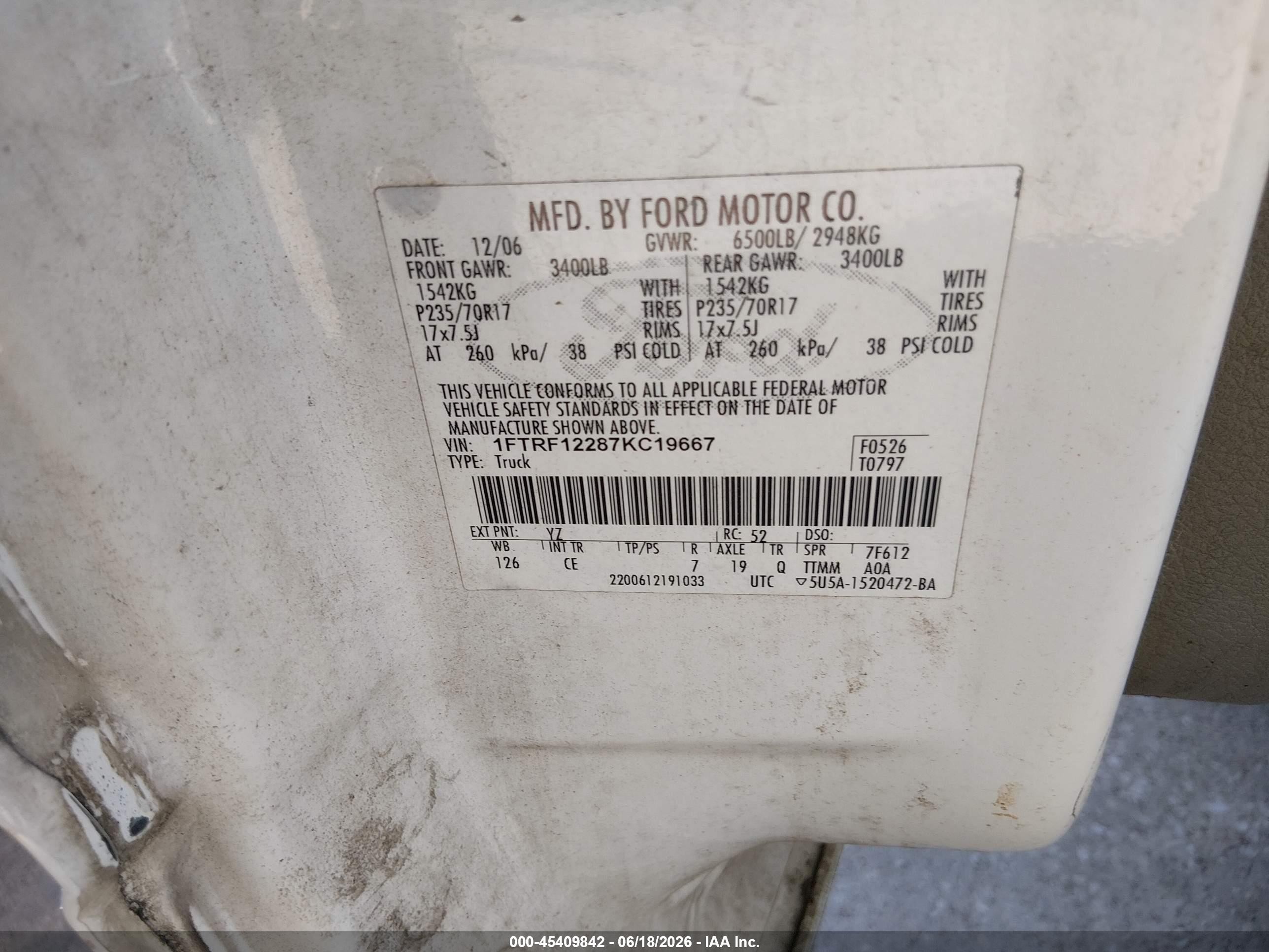 2007 Ford F-150 Stx/xl/xlt White vin: 1FTRF12287KC19667
