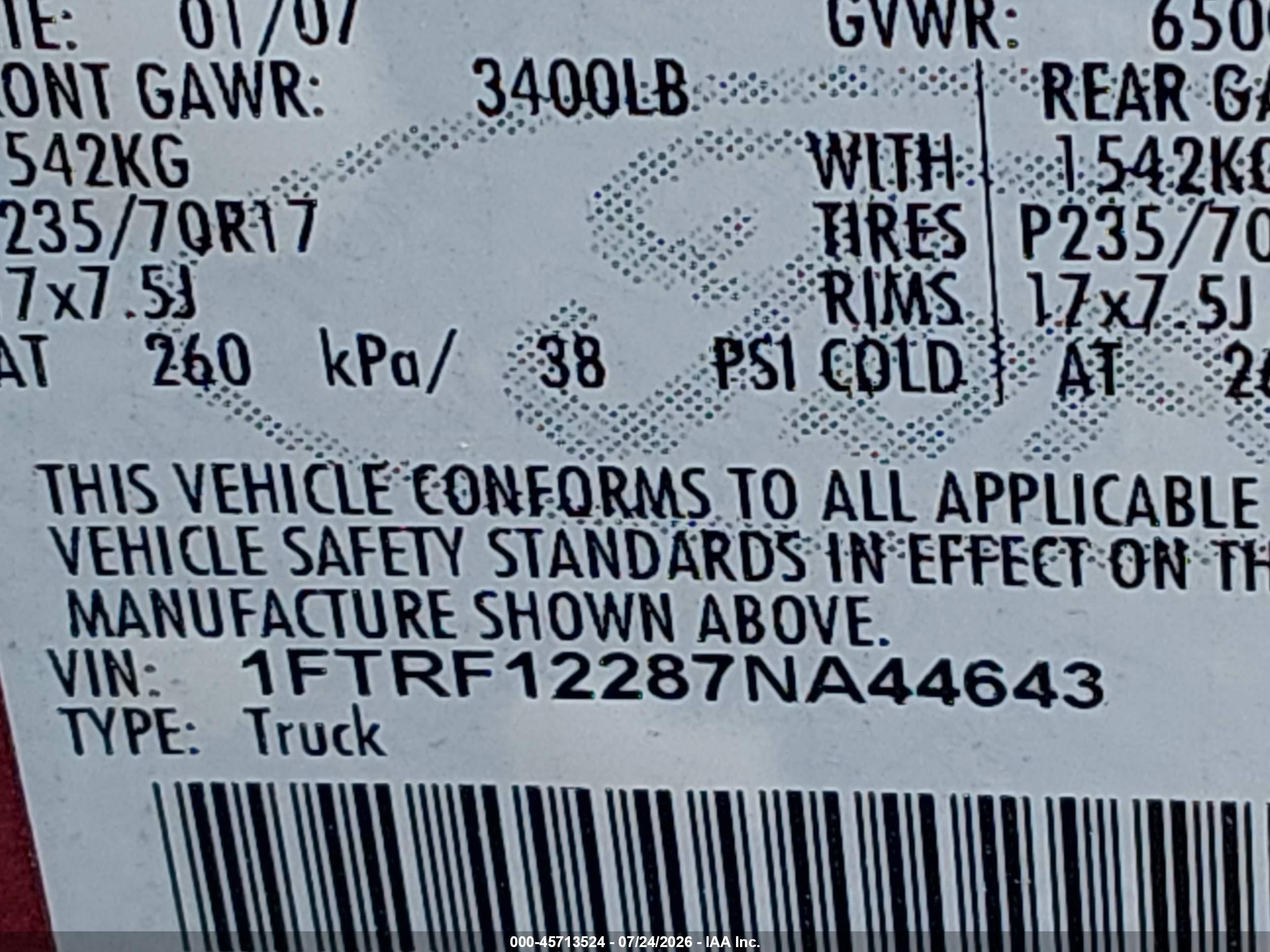 2007 Ford F-150 Stx/xl/xlt Maroon vin: 1FTRF12287NA44643