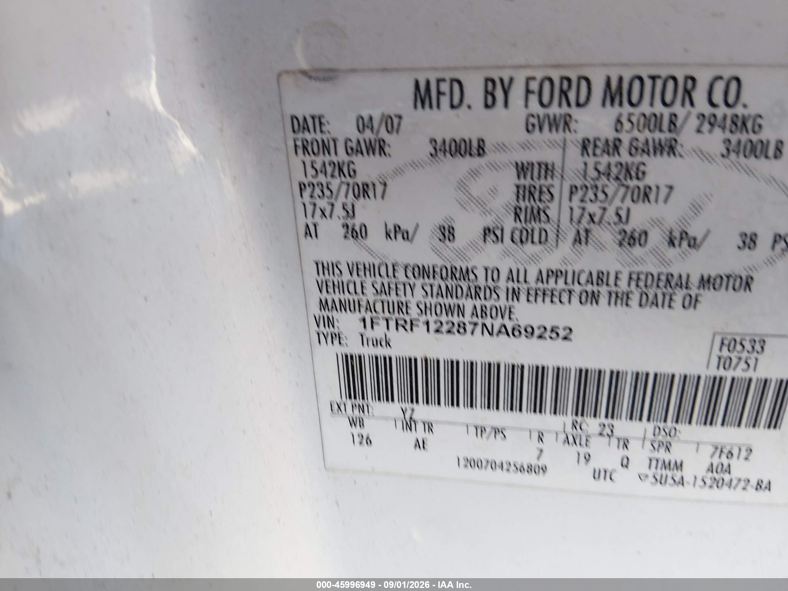2007 Ford F-150 Stx/xl/xlt White vin: 1FTRF12287NA69252